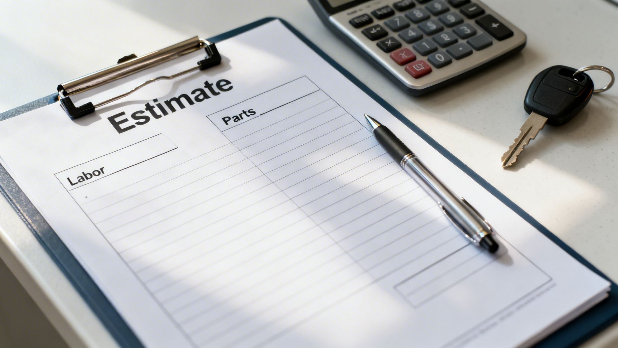 A car repair estimate form with sections for labor and parts, a pen, calculator, and car key on a white desk.