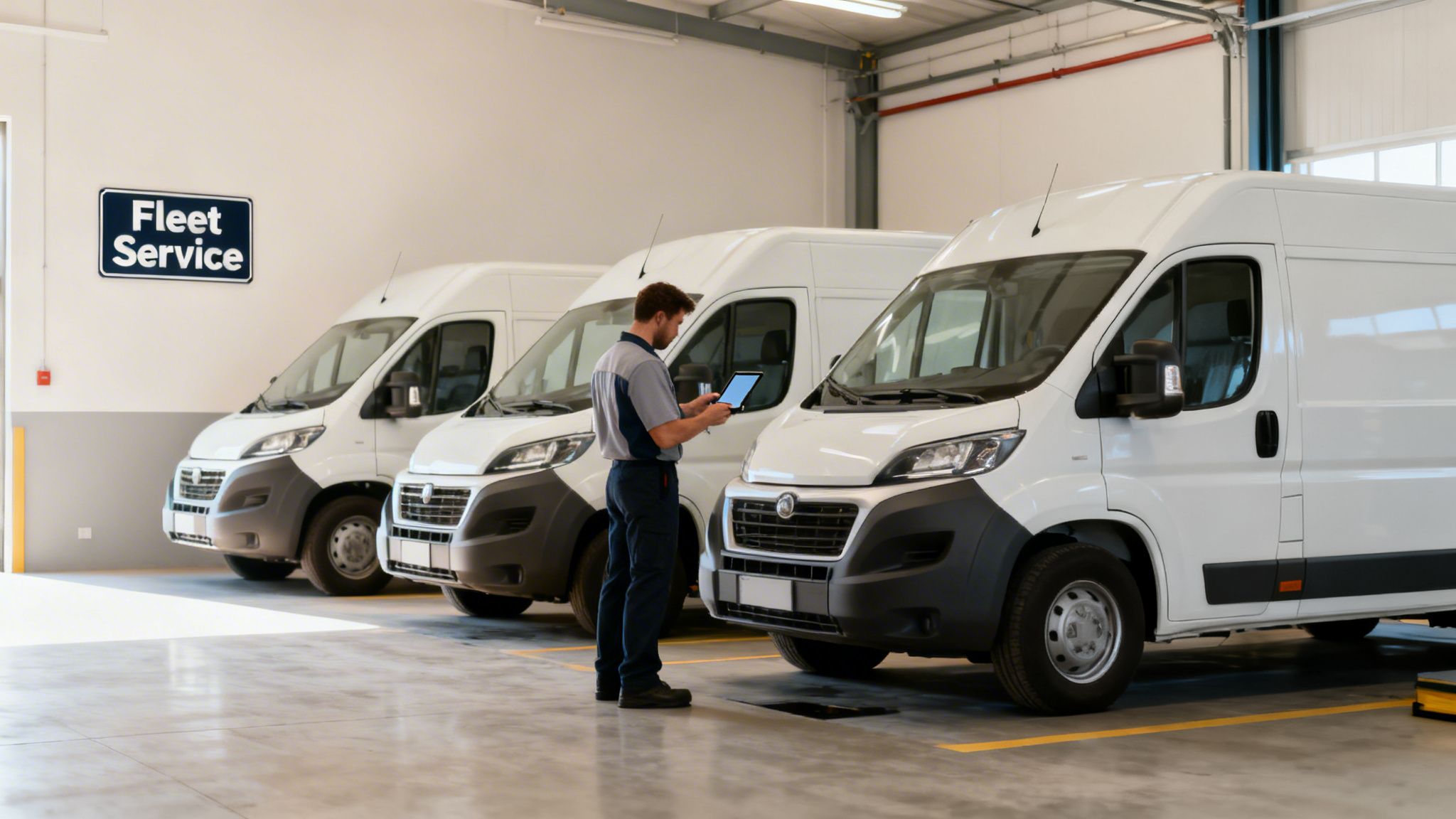 A male technician inspects white commercial vans in a fleet service garage with a tablet.