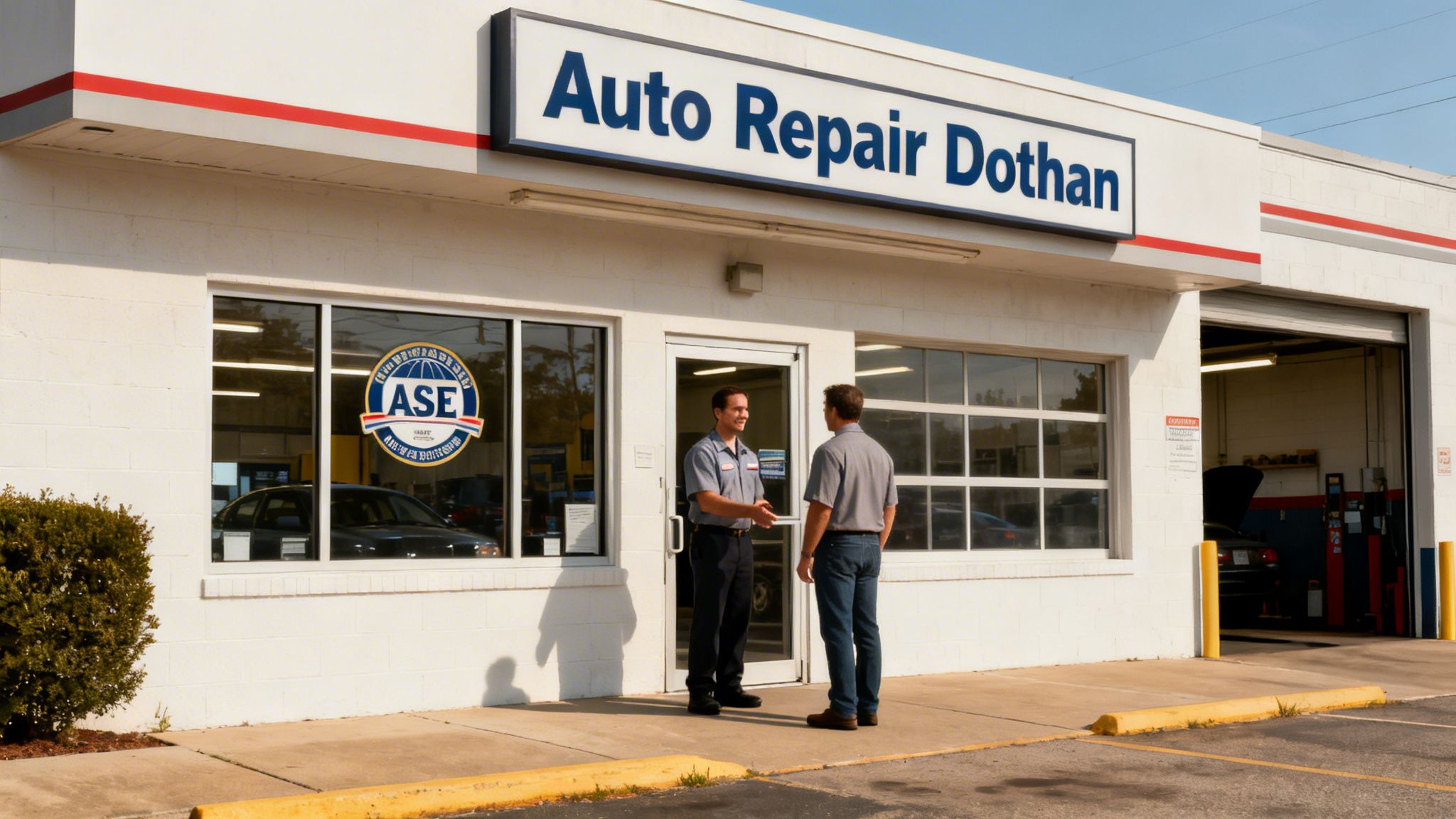 Two men, a mechanic and a customer, conversing outside an Auto Repair Dothan shop.