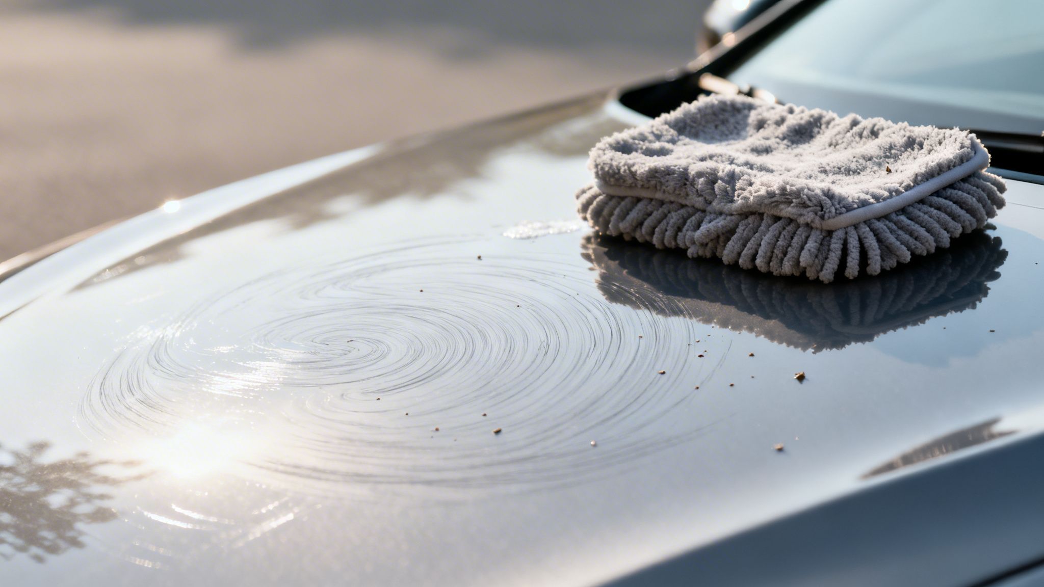 Close-up of a grey car hood being waxed or washed with a grey wash mitt, with circular patterns.