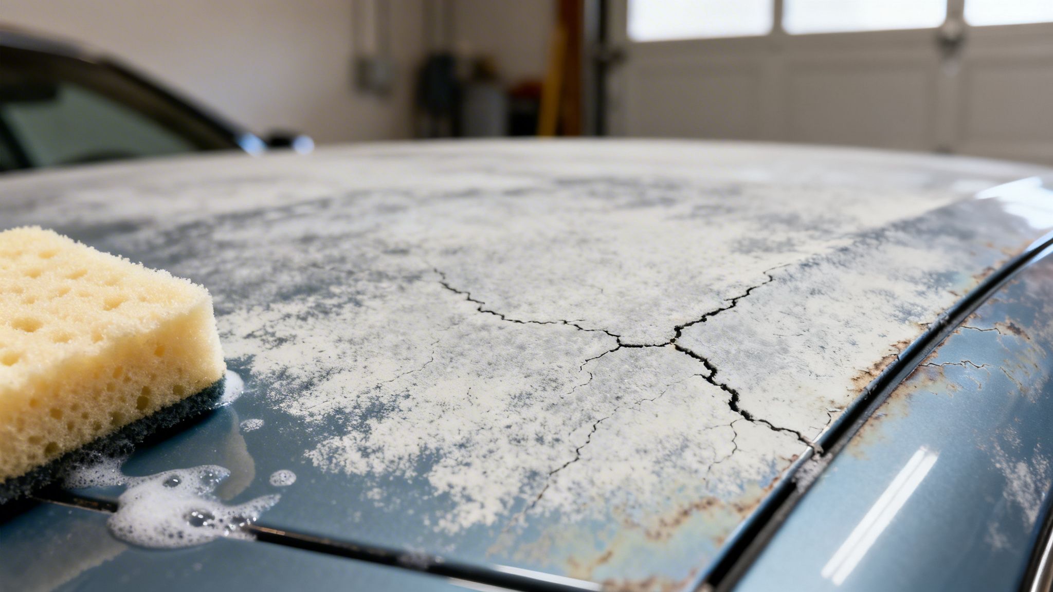 Close-up of a heavily cracked and rusted car hood being scrubbed with a yellow sponge and soap.