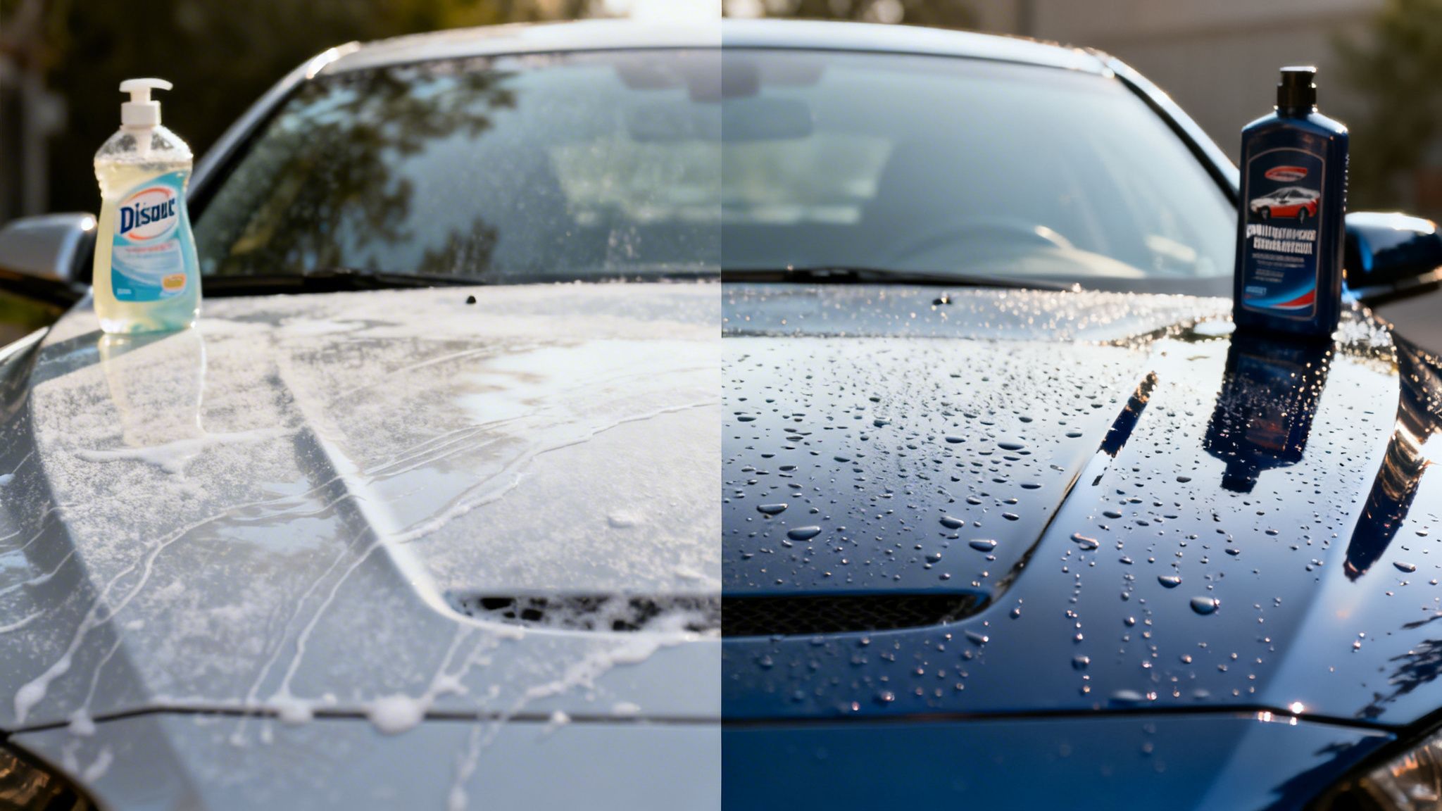 Split image of a car hood: one side with dish soap suds, the other with water beading from car wax.