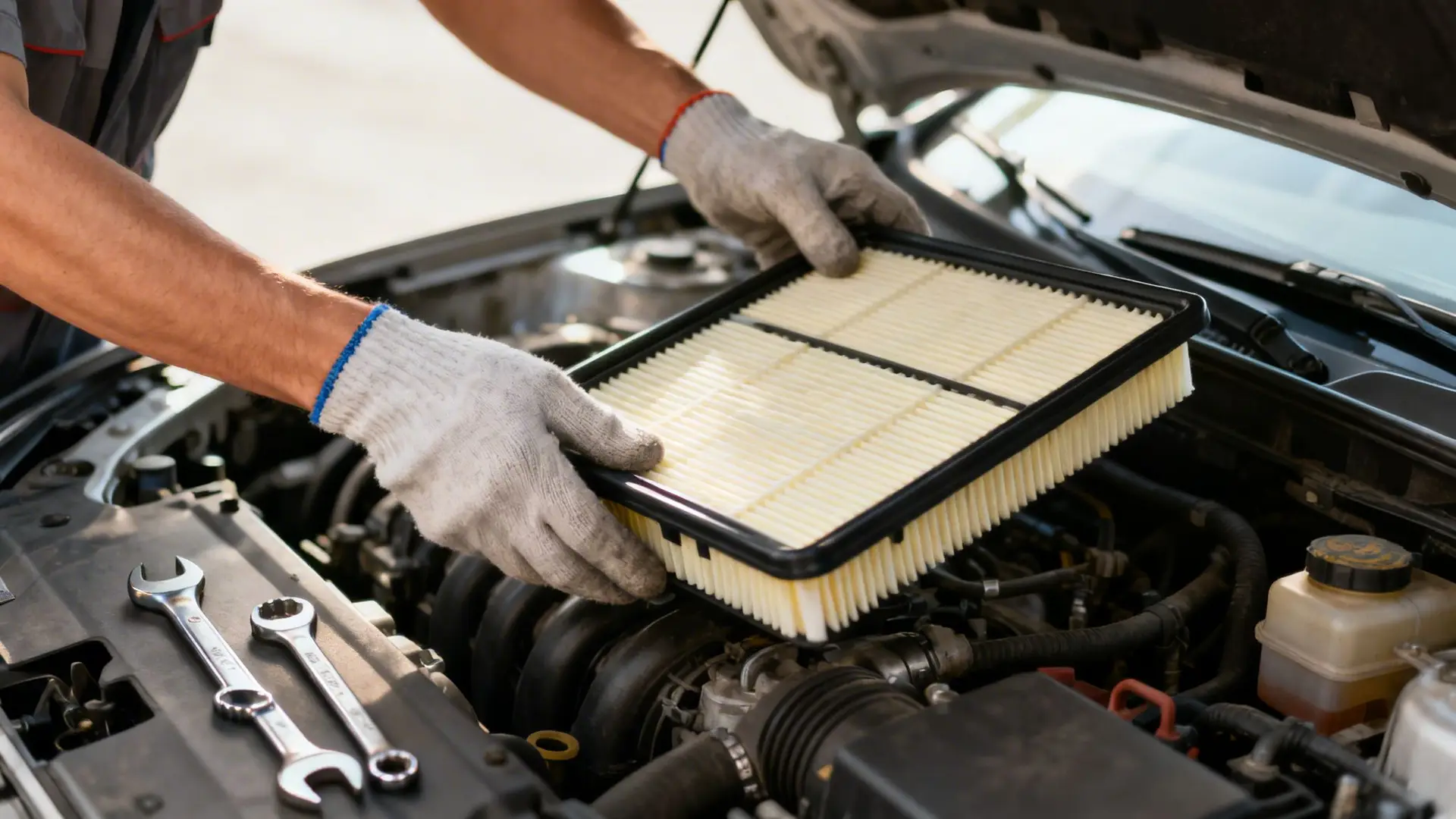 A mechanic's gloved hands installing a new air filter into a car engine during maintenance.