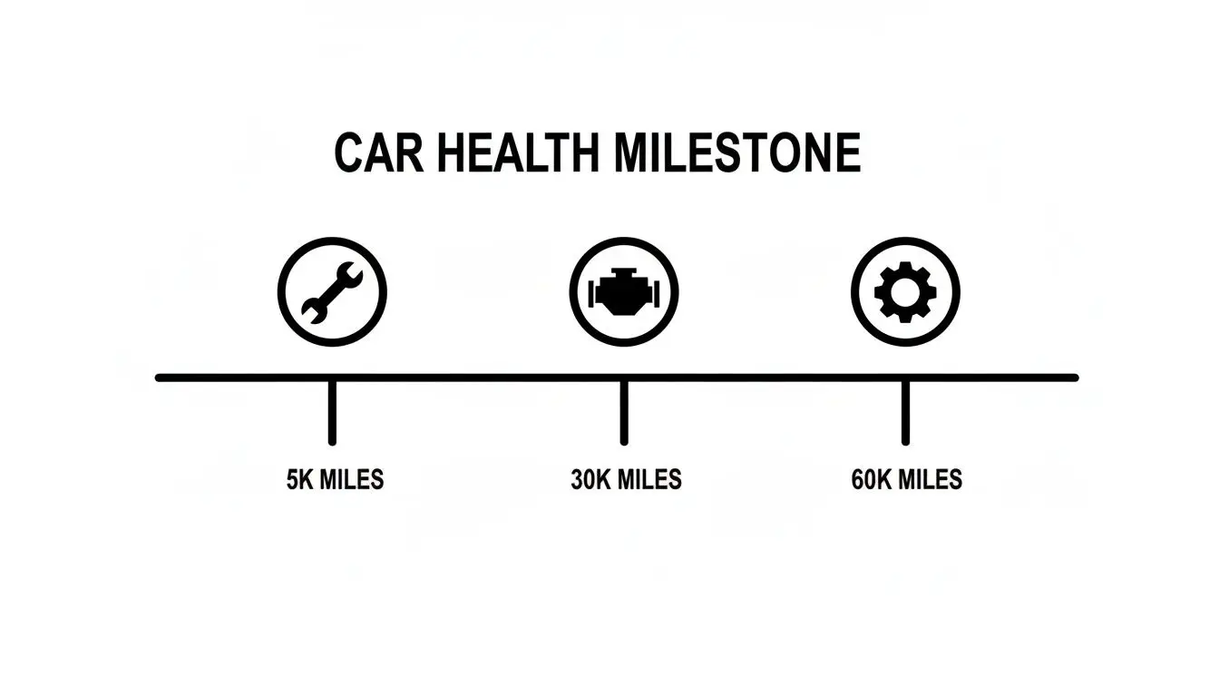 A car health milestone timeline showing maintenance points at 5K, 30K, and 60K miles.