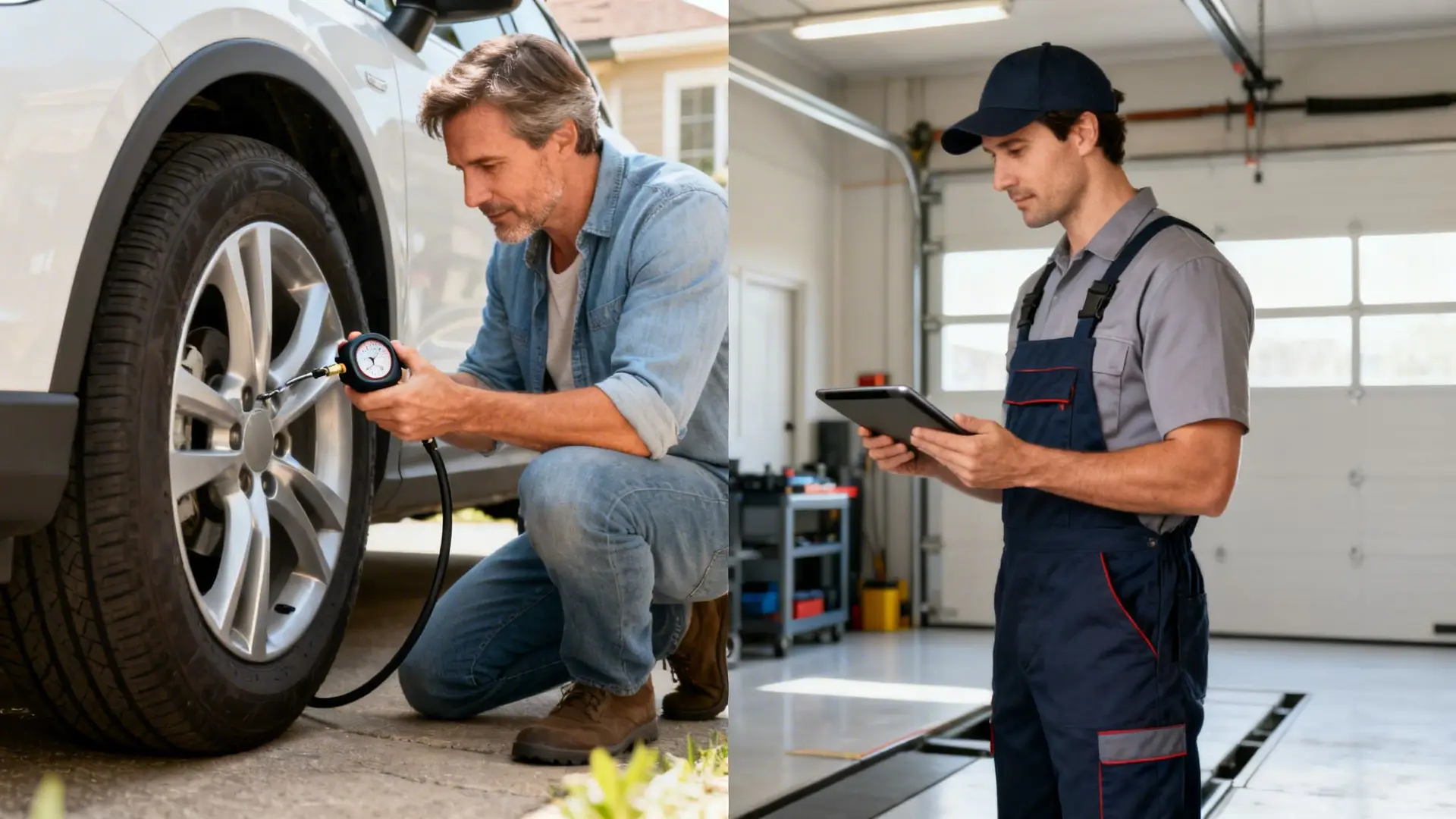 A man checks car tire pressure outdoors, while a mechanic uses a tablet in a professional garage.