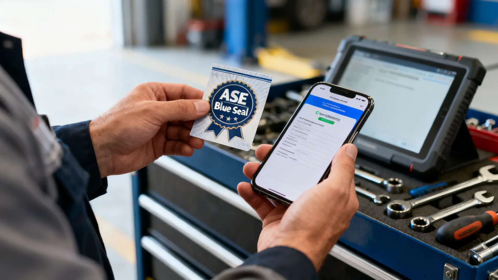 A mechanic holds an ASE Blue Seal certification card and a smartphone, with a workshop and tools in the background.