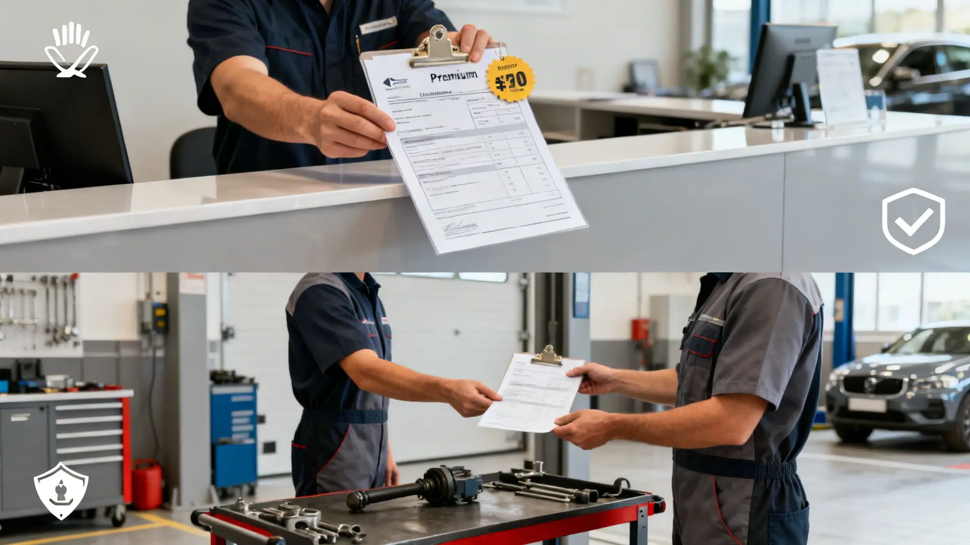 Two auto mechanics in a service garage; one handling a repair invoice at the counter, another exchanging documents.