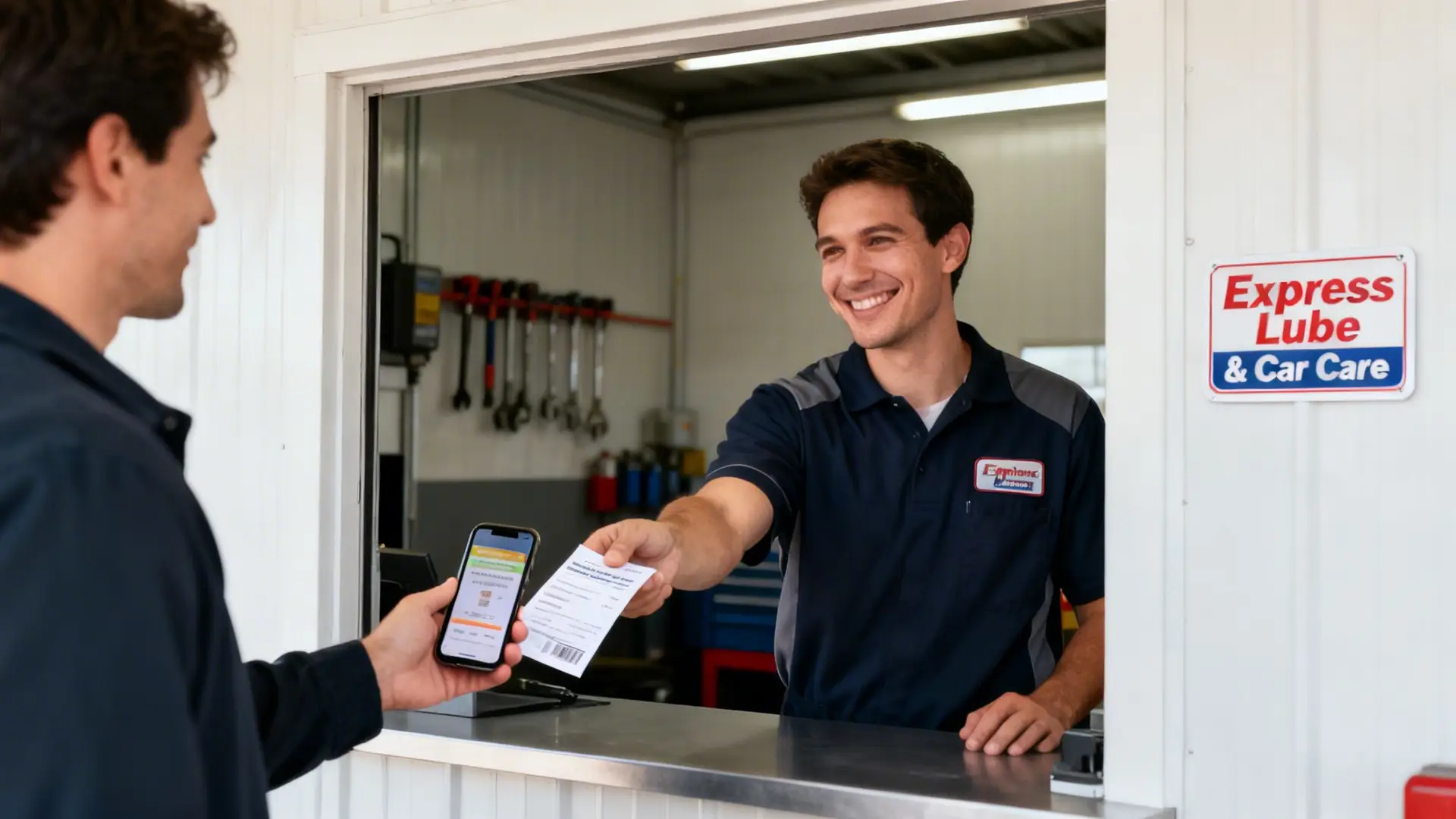 Smiling car service employee hands receipt to customer showing a digital coupon on his phone.