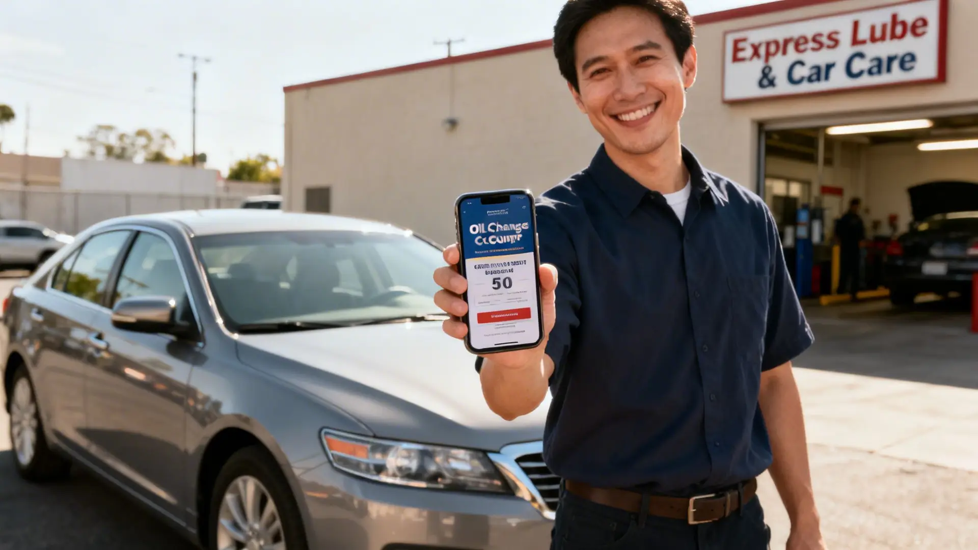 Smiling man holding a smartphone displaying an 'Oil Change' app with a '50' deal at a car care shop.
