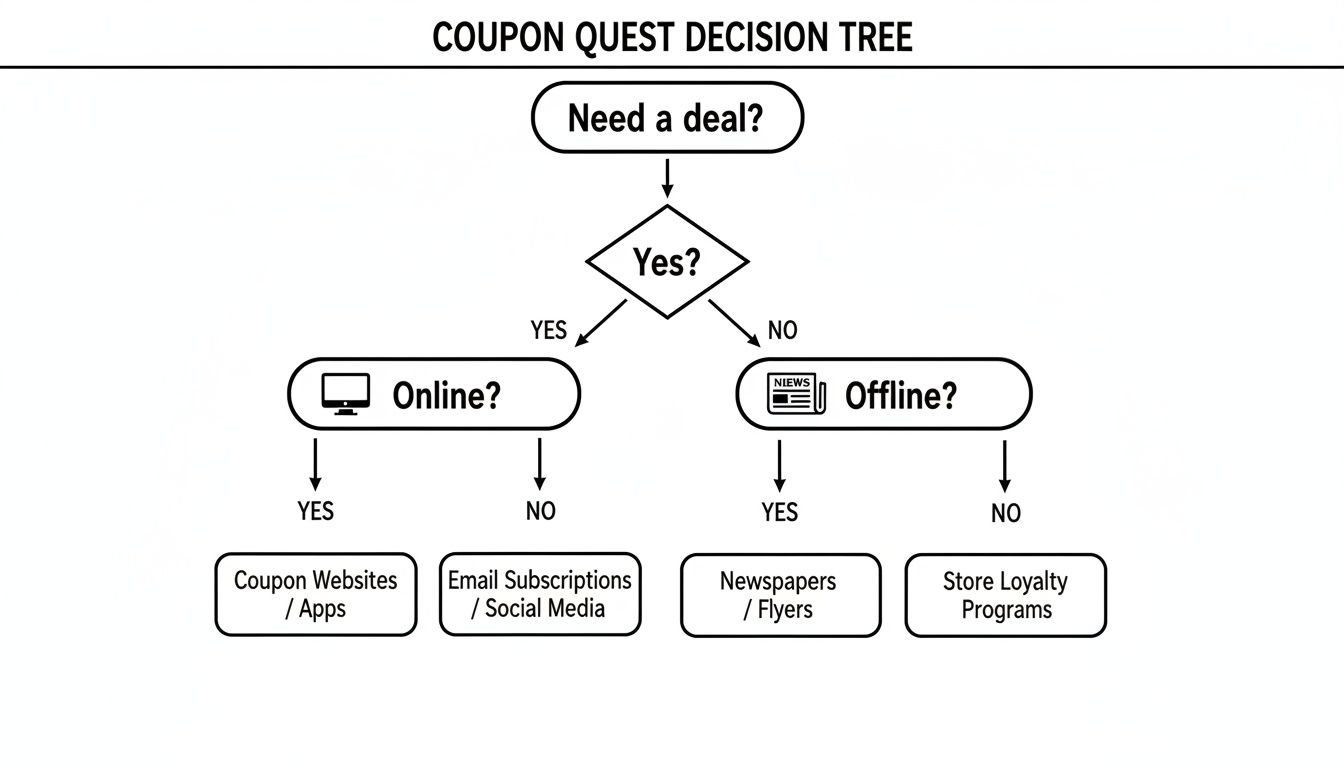A decision tree illustrating the Coupon Quest, guiding users to find deals online or offline.