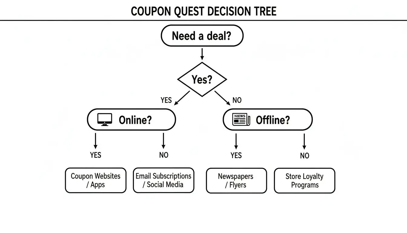 A decision tree illustrating the Coupon Quest, guiding users to find deals online or offline.
