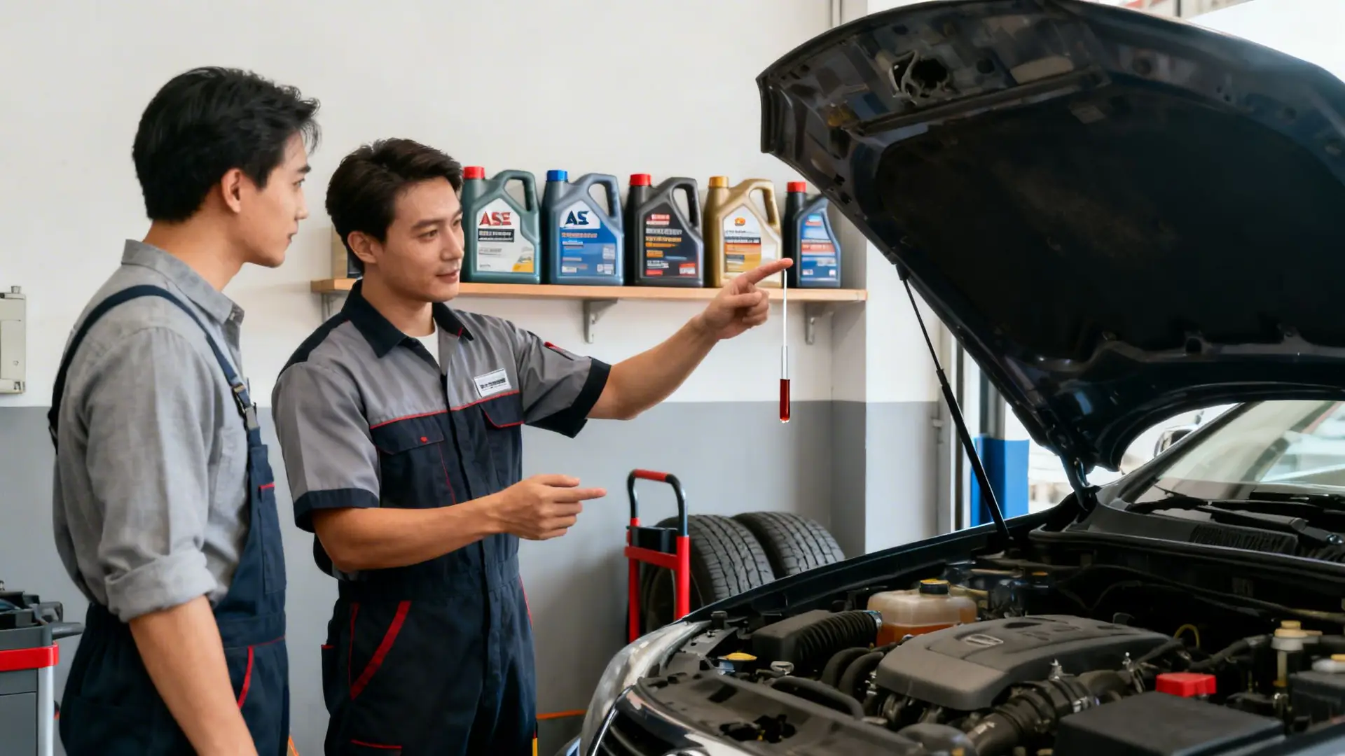 Mechanic explains car engine issues to a customer, holding a dipstick with fluid, in an auto repair shop.