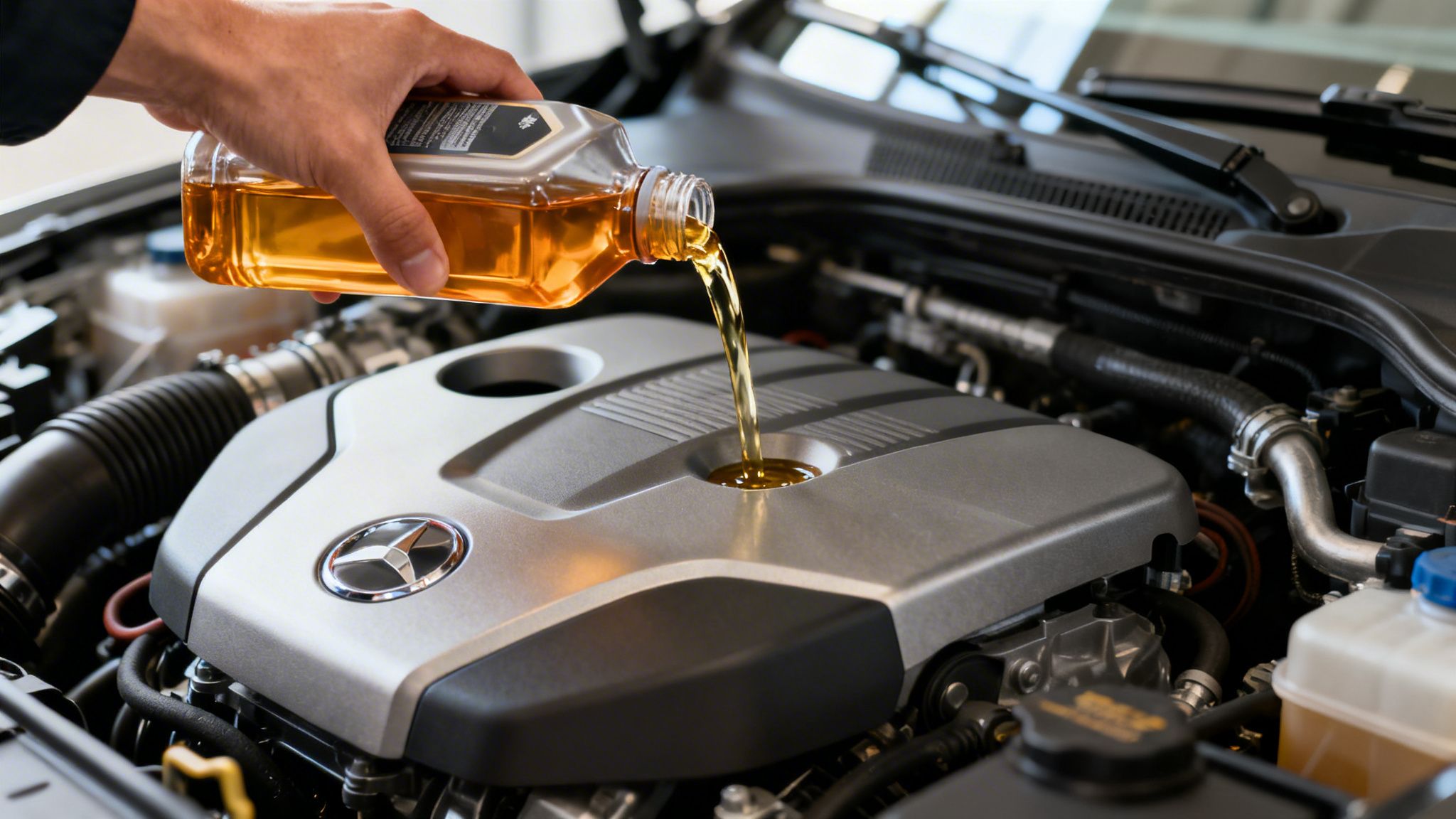 A person's hand pouring fresh, golden engine oil from a bottle into the open engine of a car.