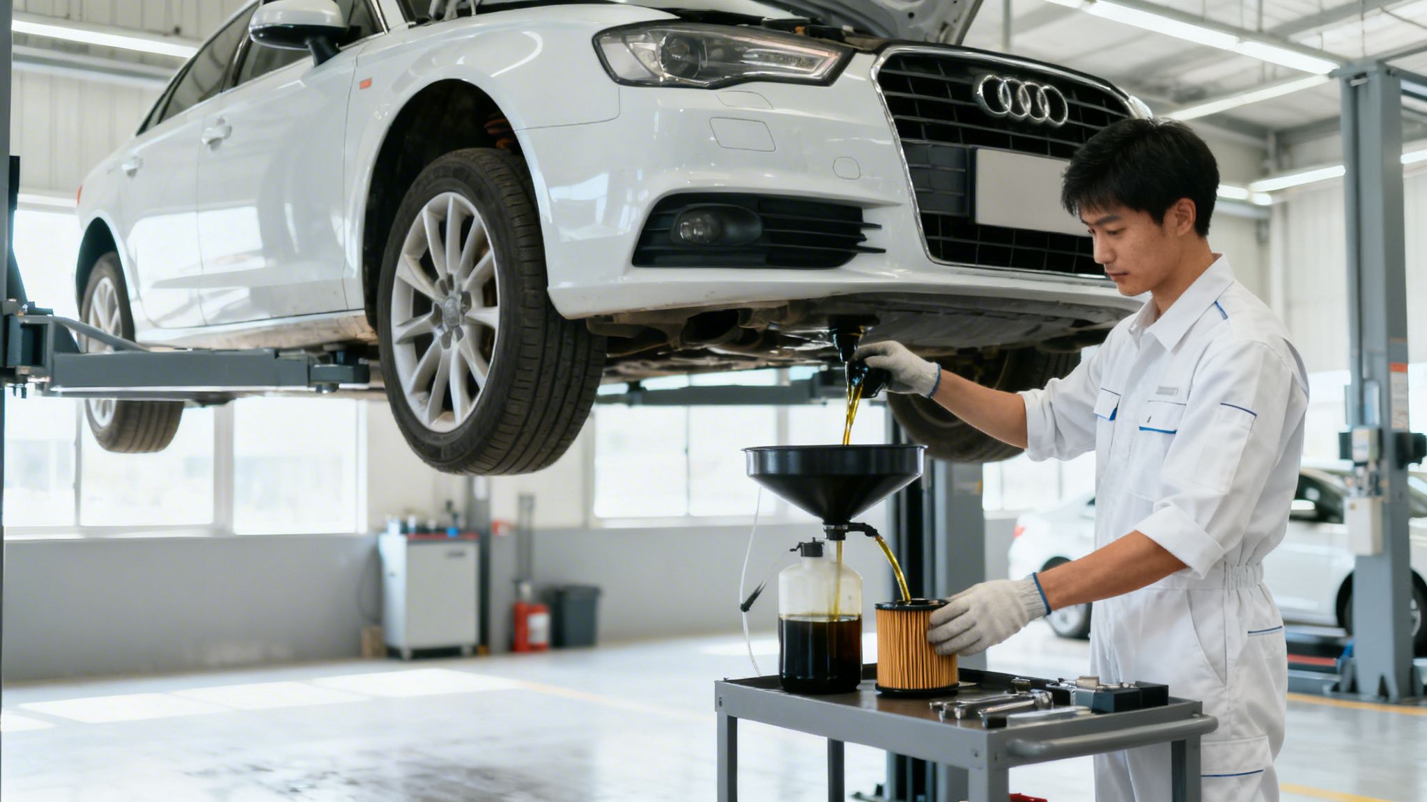 A mechanic in a white uniform drains oil from a lifted white Audi car in a service garage.