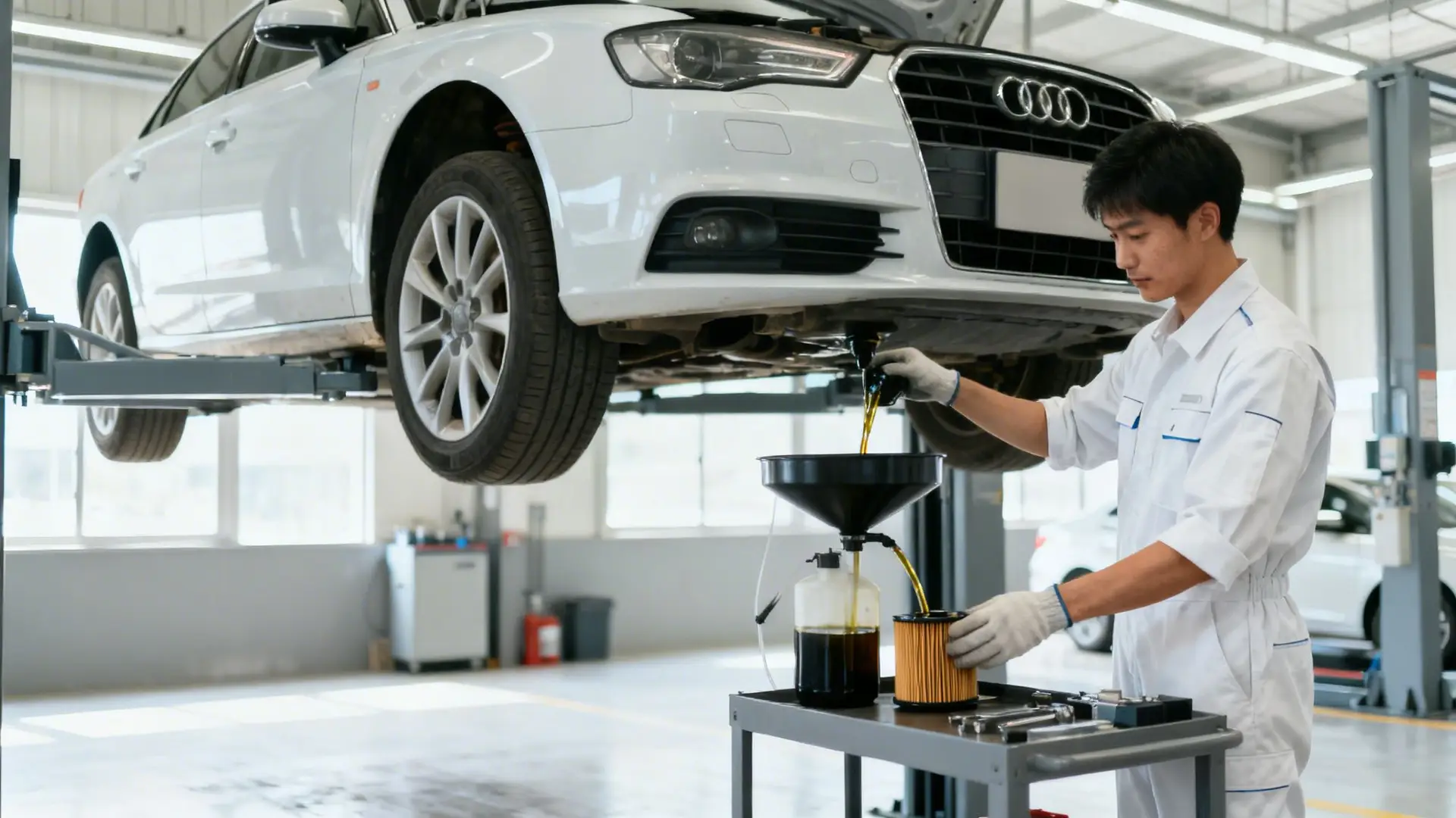 A mechanic in a white uniform drains oil from a lifted white Audi car in a service garage.