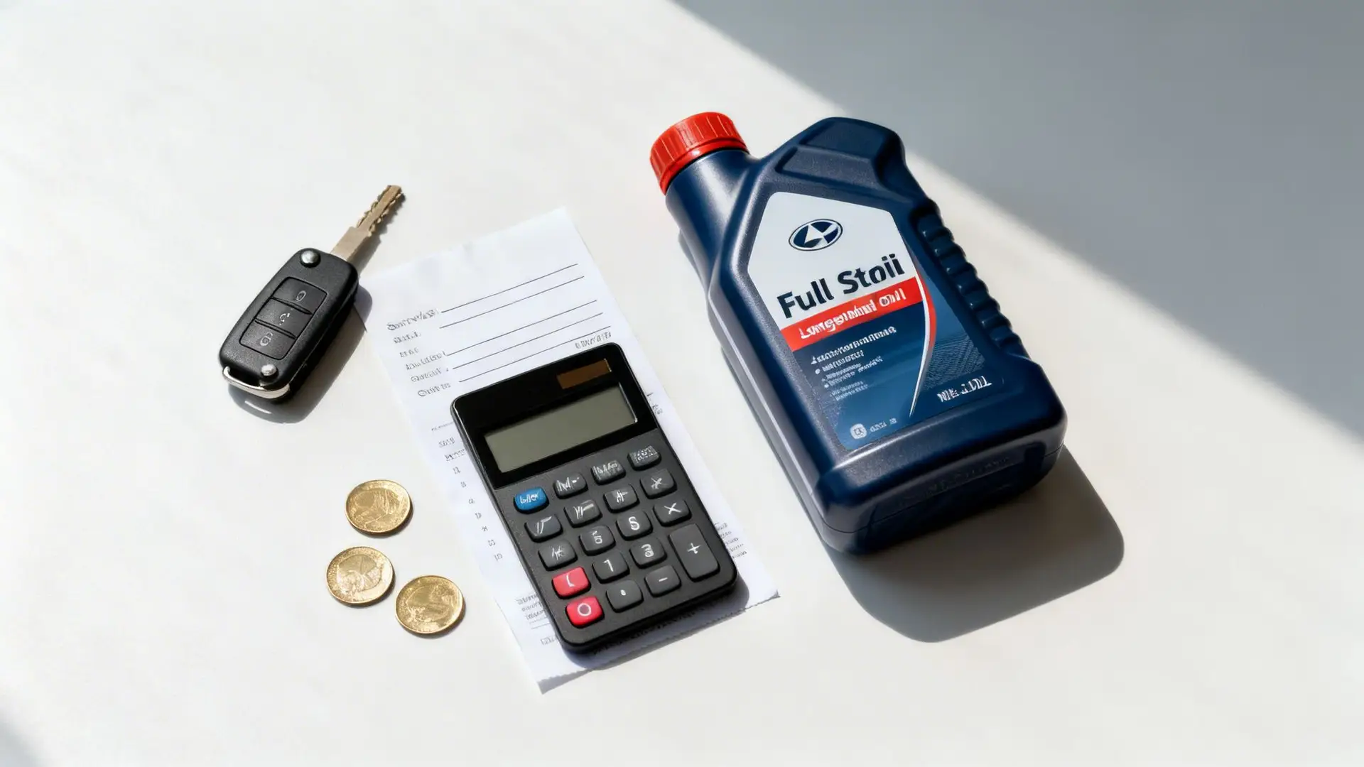 Overhead view of a car key, engine oil, calculator, receipt, and coins on a white surface.