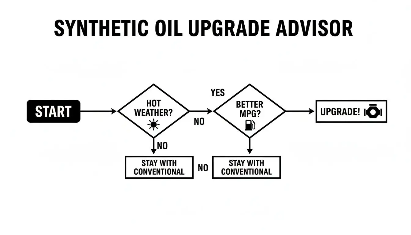 Flowchart advising on synthetic oil upgrade based on hot weather and better MPG decisions.