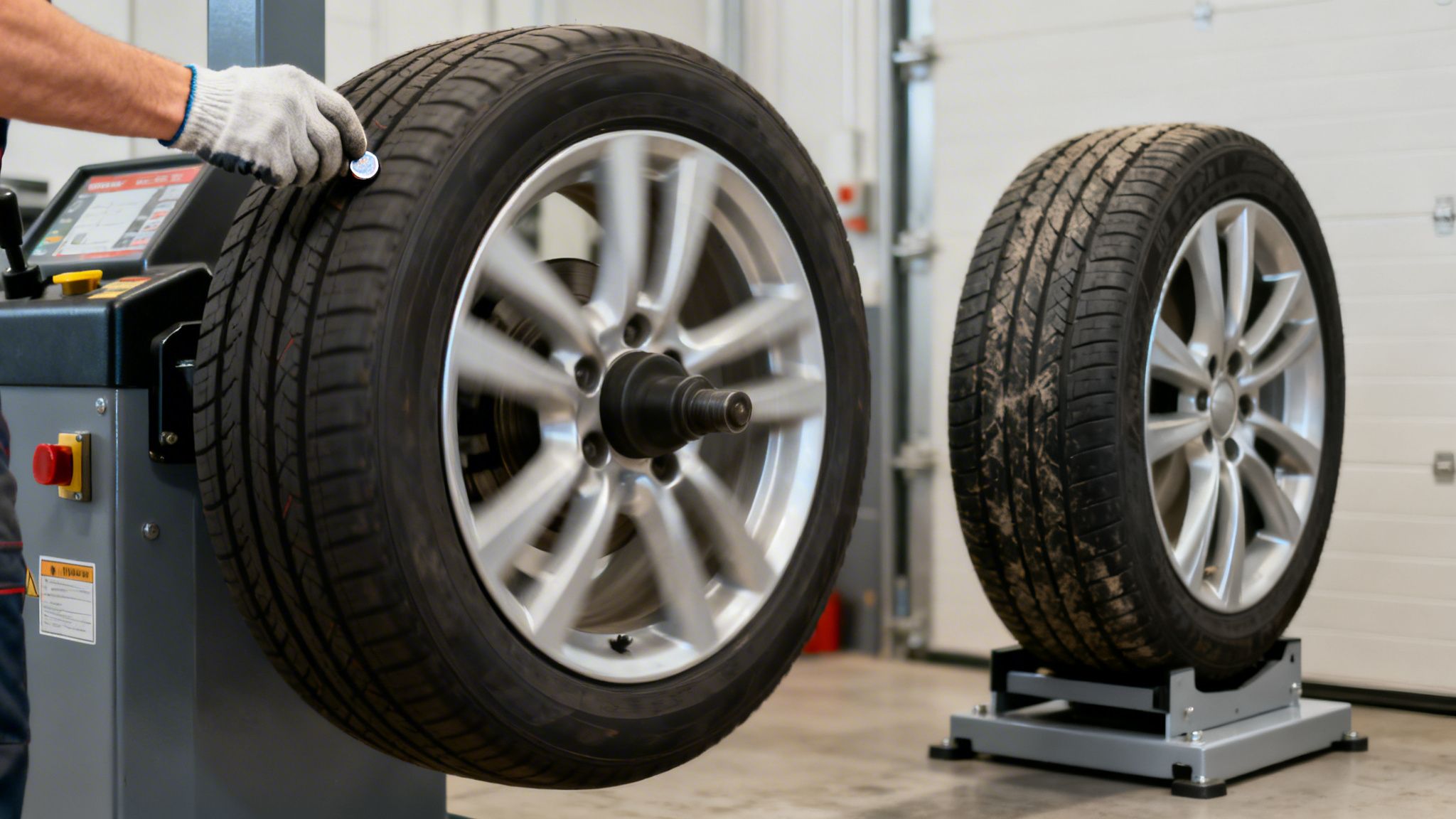 A gloved mechanic balances a spinning car tire on a professional balancing machine in an auto shop.