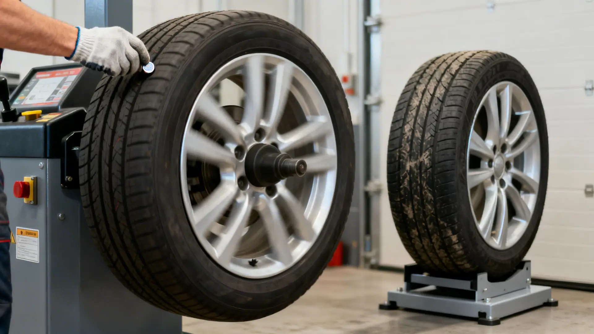 A gloved mechanic balances a spinning car tire on a professional balancing machine in an auto shop.