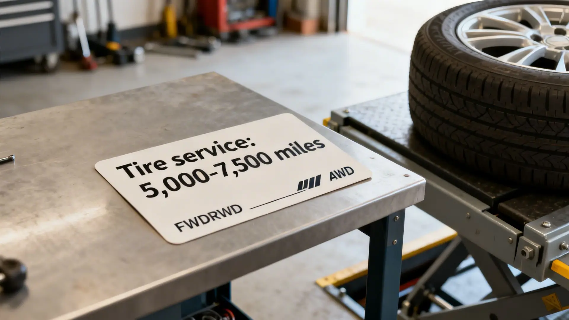 Sign on a table detailing tire service intervals for FWD, RWD, and AWD vehicles.