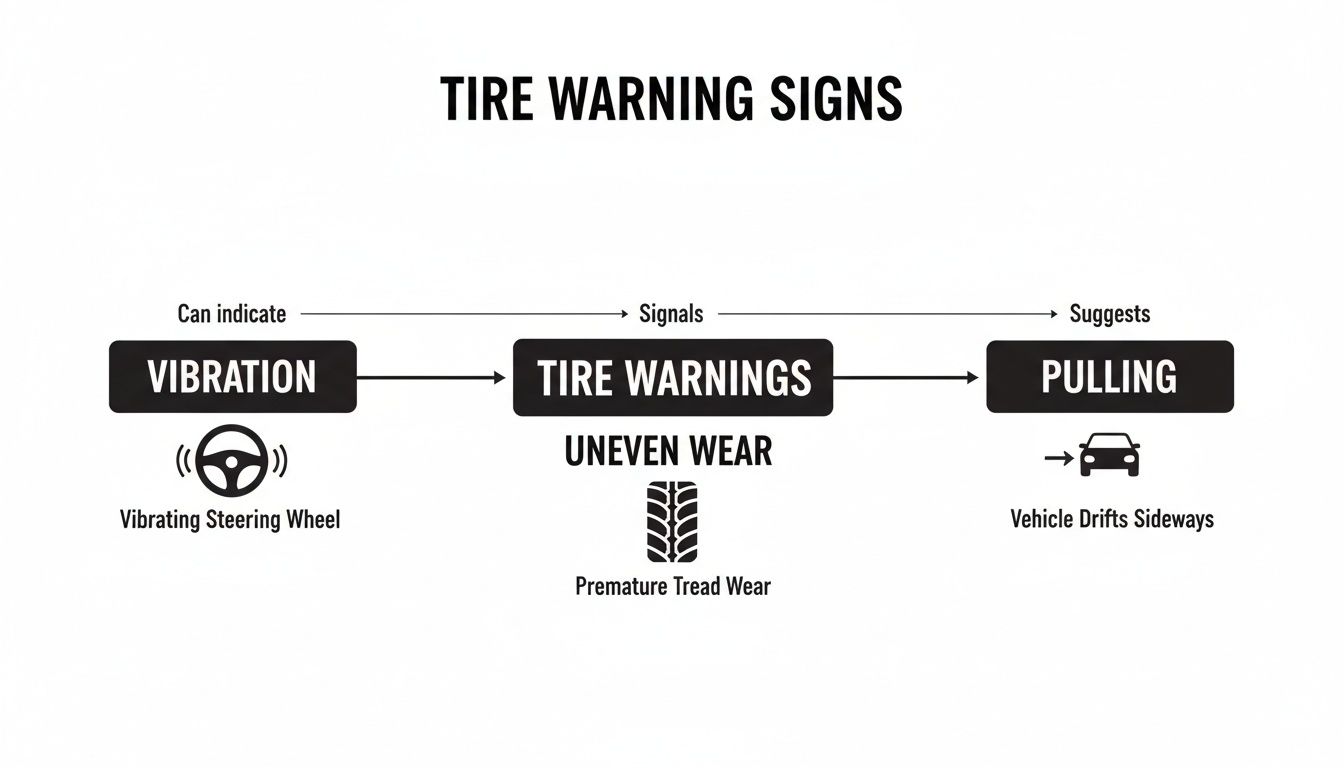 Flowchart illustrating tire warning signs: vibration, uneven wear, premature tread wear, and vehicle pulling.