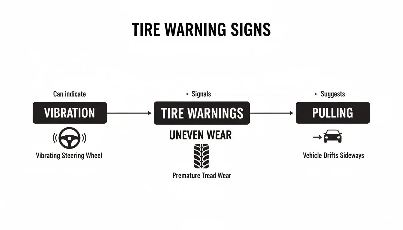 Flowchart illustrating tire warning signs: vibration, uneven wear, premature tread wear, and vehicle pulling.