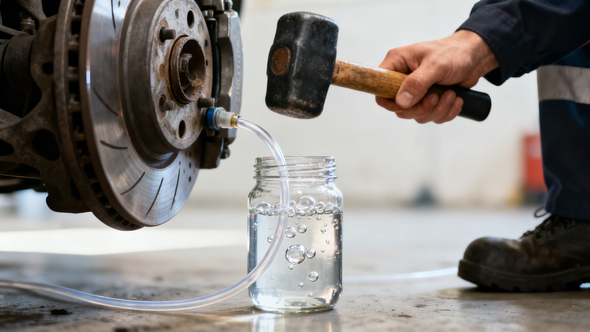 A mechanic bleeding car brakes, draining fluid with air bubbles into a glass jar.