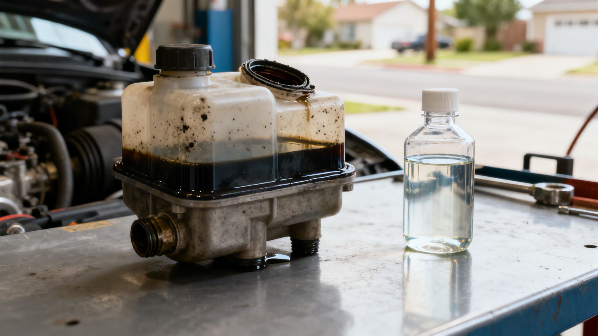 A dirty brake fluid reservoir with dark old fluid next to a clear bottle of new fluid.