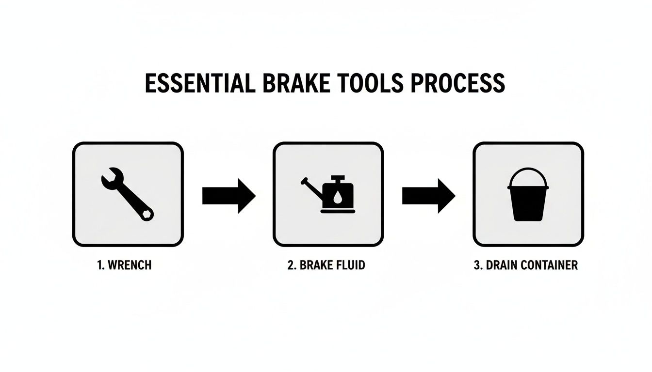 Diagram showing essential tools for brake maintenance: wrench, brake fluid, and drain container.