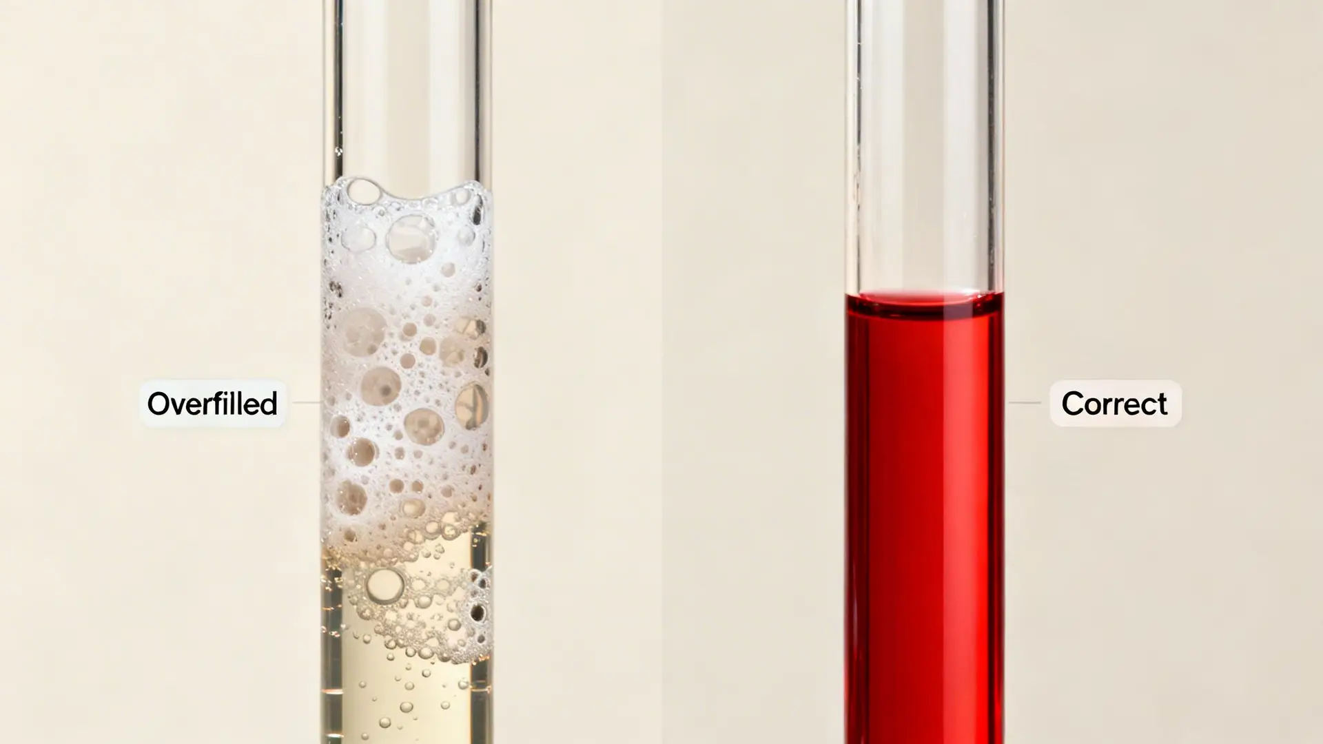 Two test tubes demonstrate correct and overfilled fluid levels, one bubbly and one perfectly filled.