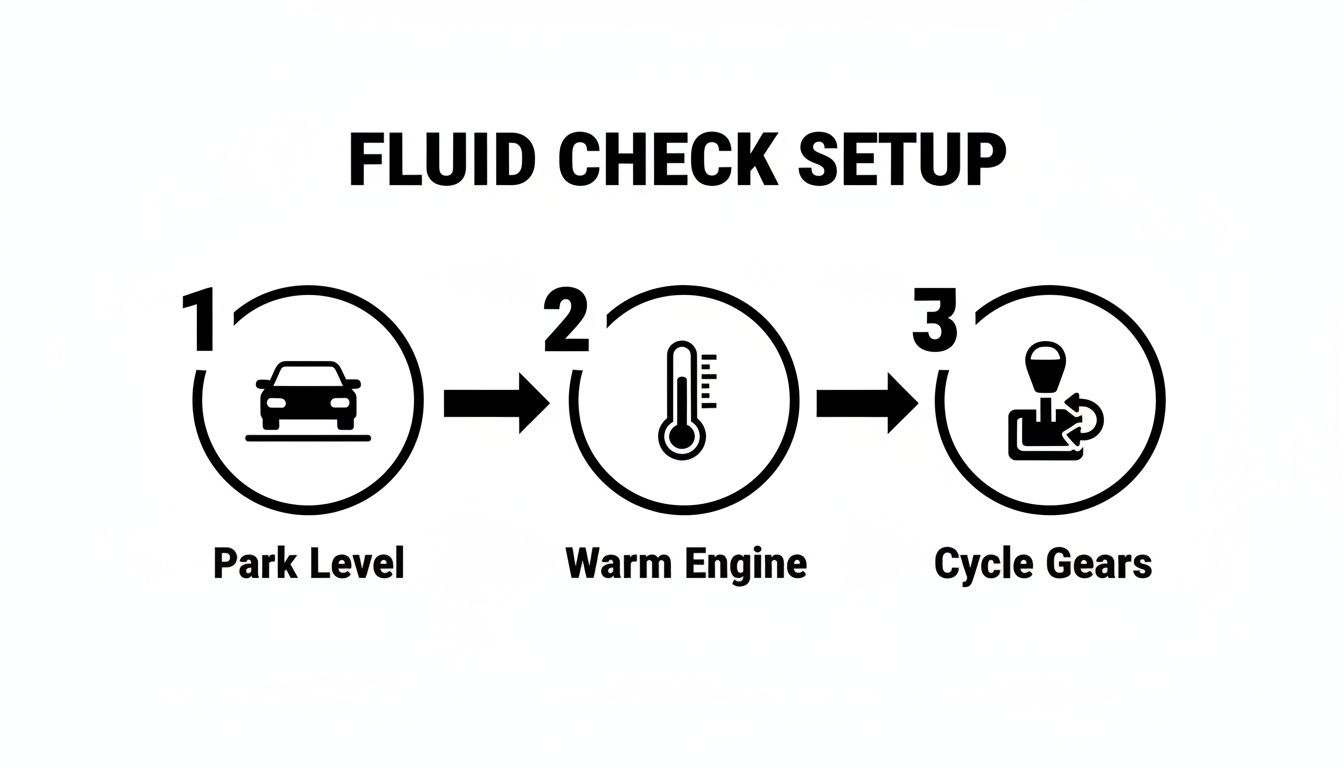 Three steps for fluid check setup: park level, warm engine, and cycle gears procedure.