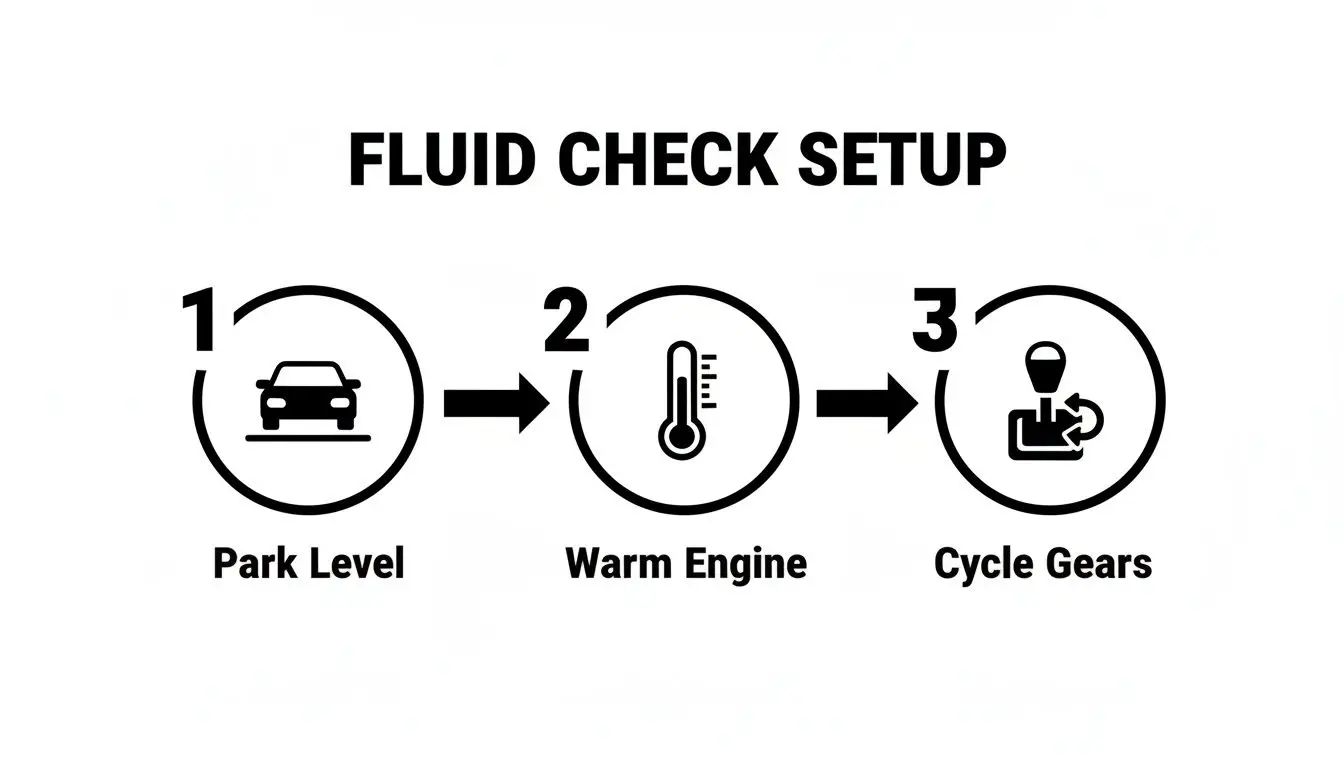 Three steps for fluid check setup: park level, warm engine, and cycle gears procedure.