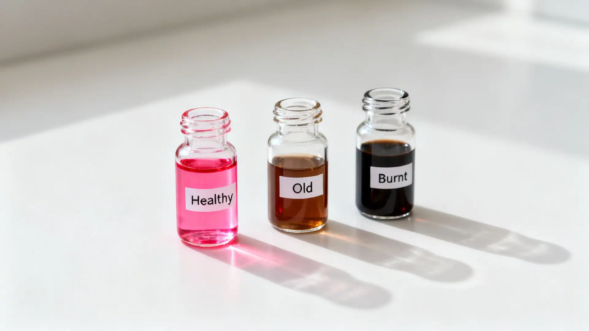 Three glass vials show pink 'Healthy', brown 'Old', and dark 'Burnt' liquids on a white surface.