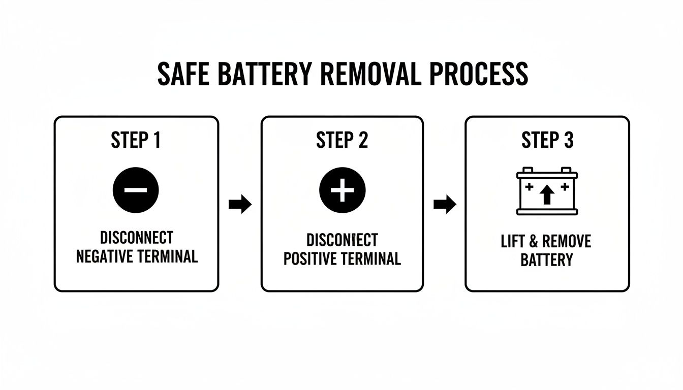 Infographic outlining a three-step safe car battery removal process, disconnecting terminals first.