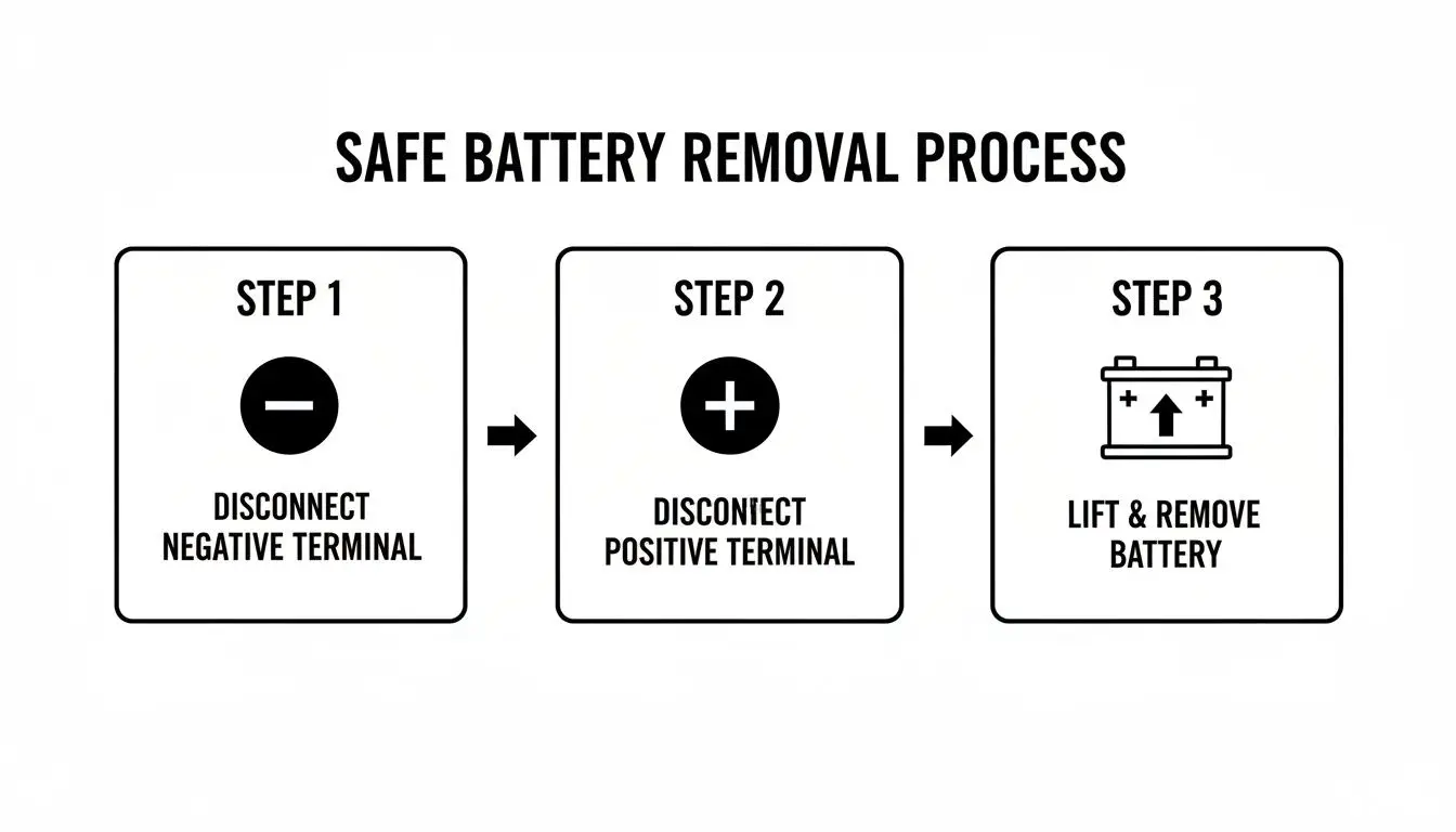 Infographic outlining a three-step safe car battery removal process, disconnecting terminals first.
