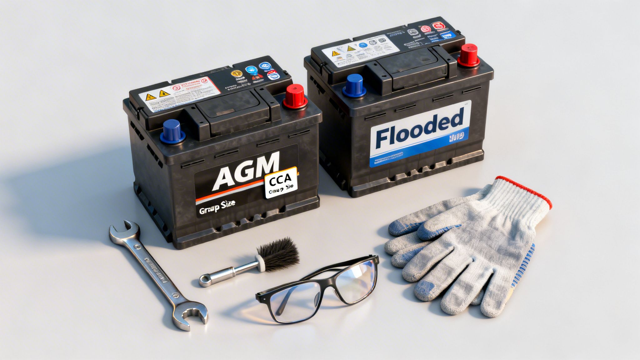 Tools, two car batteries (AGM and Flooded), safety glasses, and gloves for automotive repair.