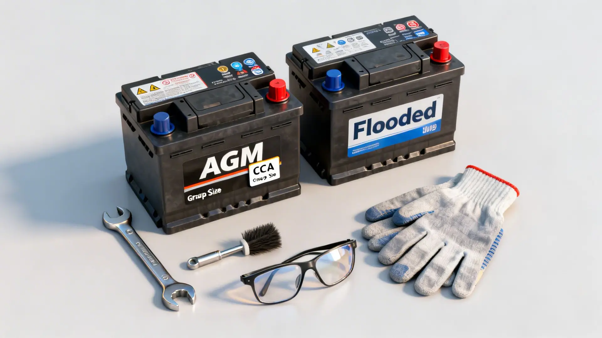 Tools, two car batteries (AGM and Flooded), safety glasses, and gloves for automotive repair.