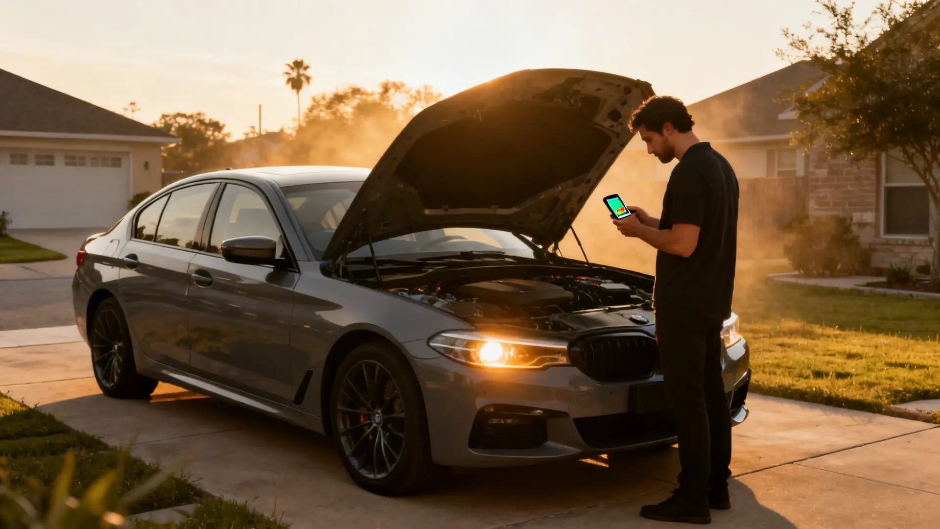 Man diagnosing car trouble with a smartphone app beside a smoking engine at sunset.