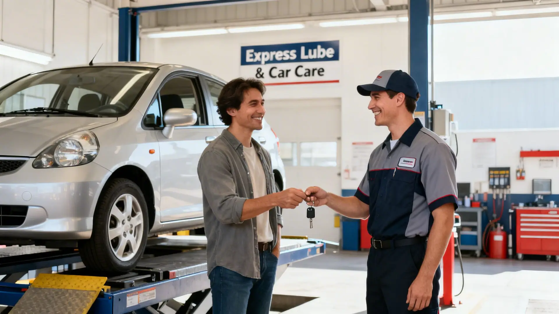 A smiling car service technician hands keys to a happy customer at an auto shop.