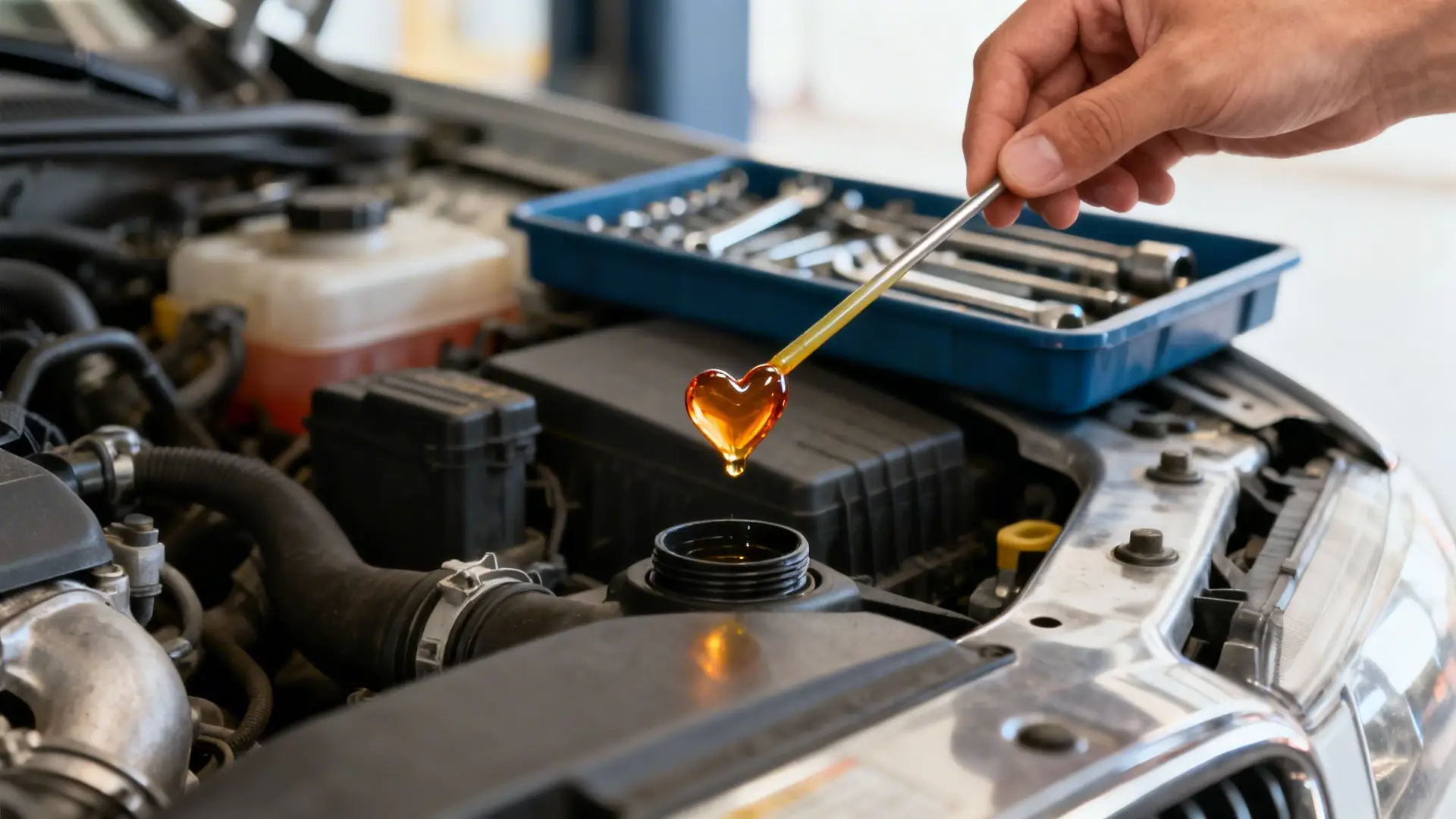 A hand pours heart-shaped golden oil into a car engine's filler cap during service.