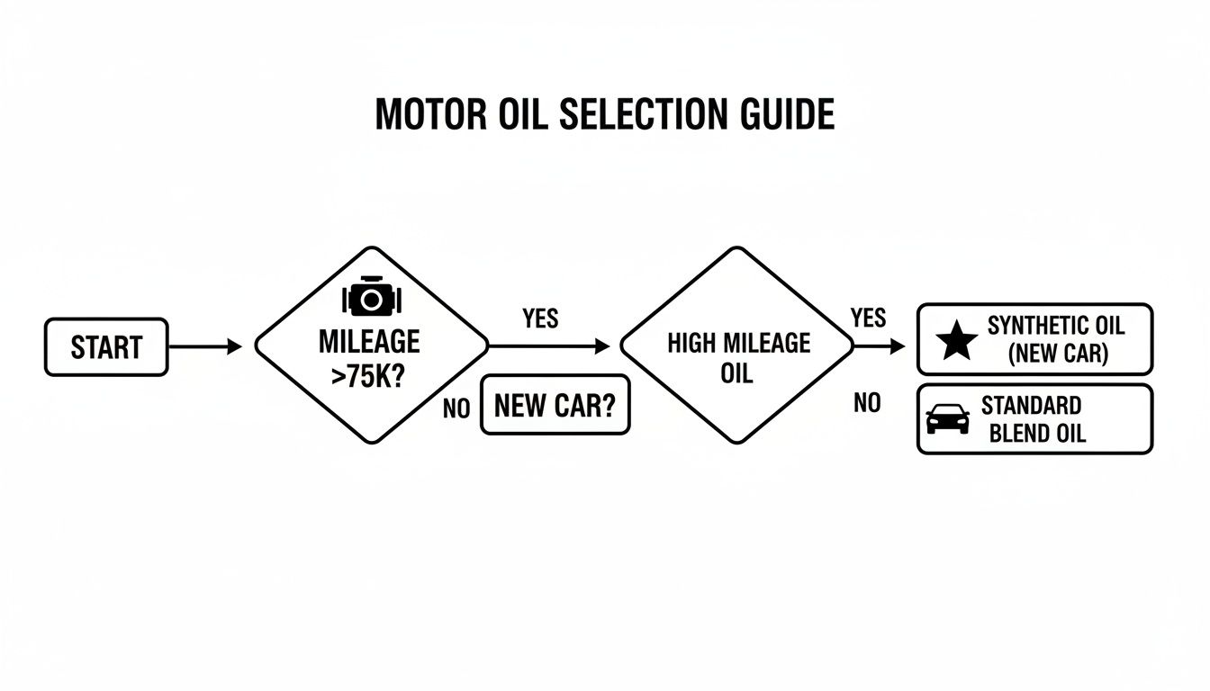 Flowchart guiding motor oil selection based on car mileage and new car status decisions.