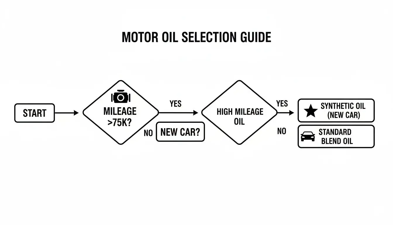 Flowchart guiding motor oil selection based on car mileage and new car status decisions.