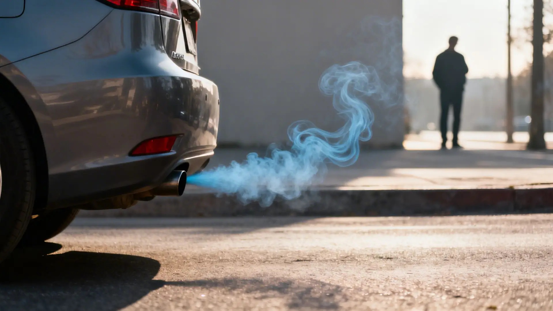 The exhaust pipe of a grey car emits blue smoke, with a blurred person in the background.
