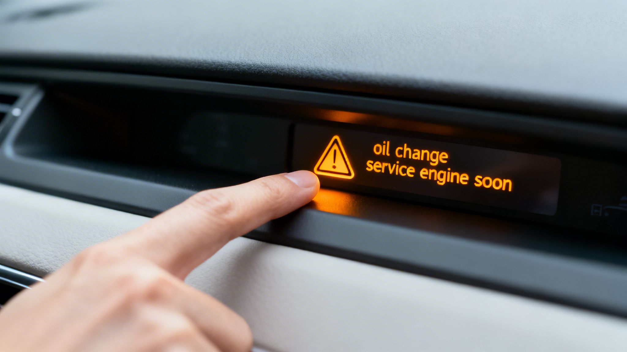 A finger points to a car's dashboard display showing an 'oil change service engine soon' warning light.