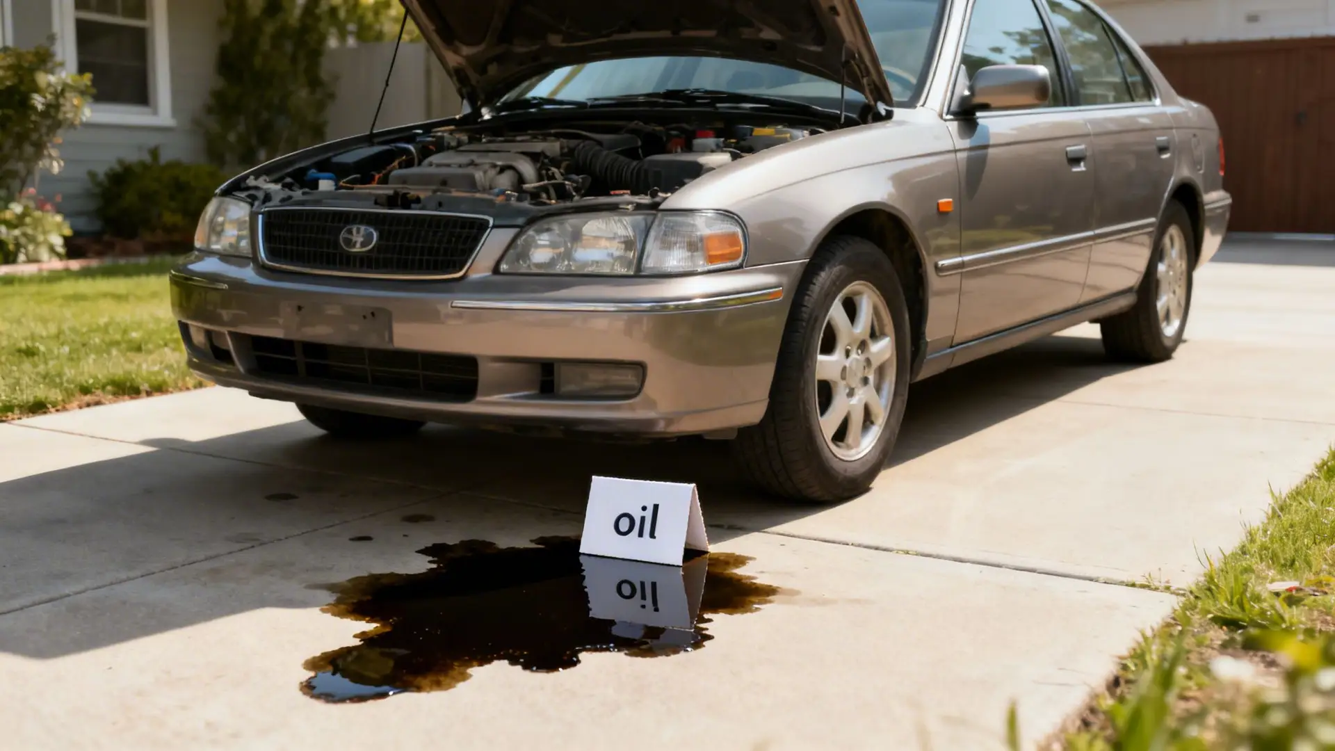 A tan car with its hood open leaking oil on the concrete driveway, highlighted by an 'oil' sign.
