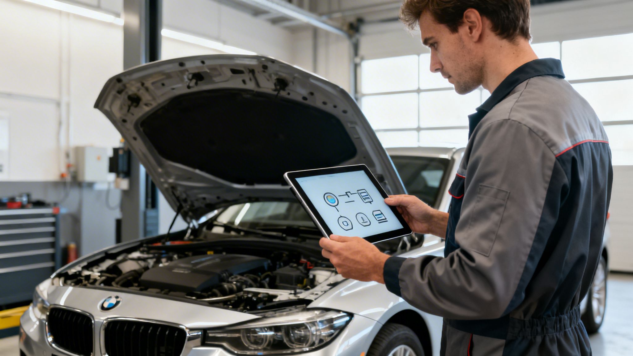 A male mechanic in a gray and blue uniform uses a tablet to diagnose a silver BMW car with its hood open in a garage.