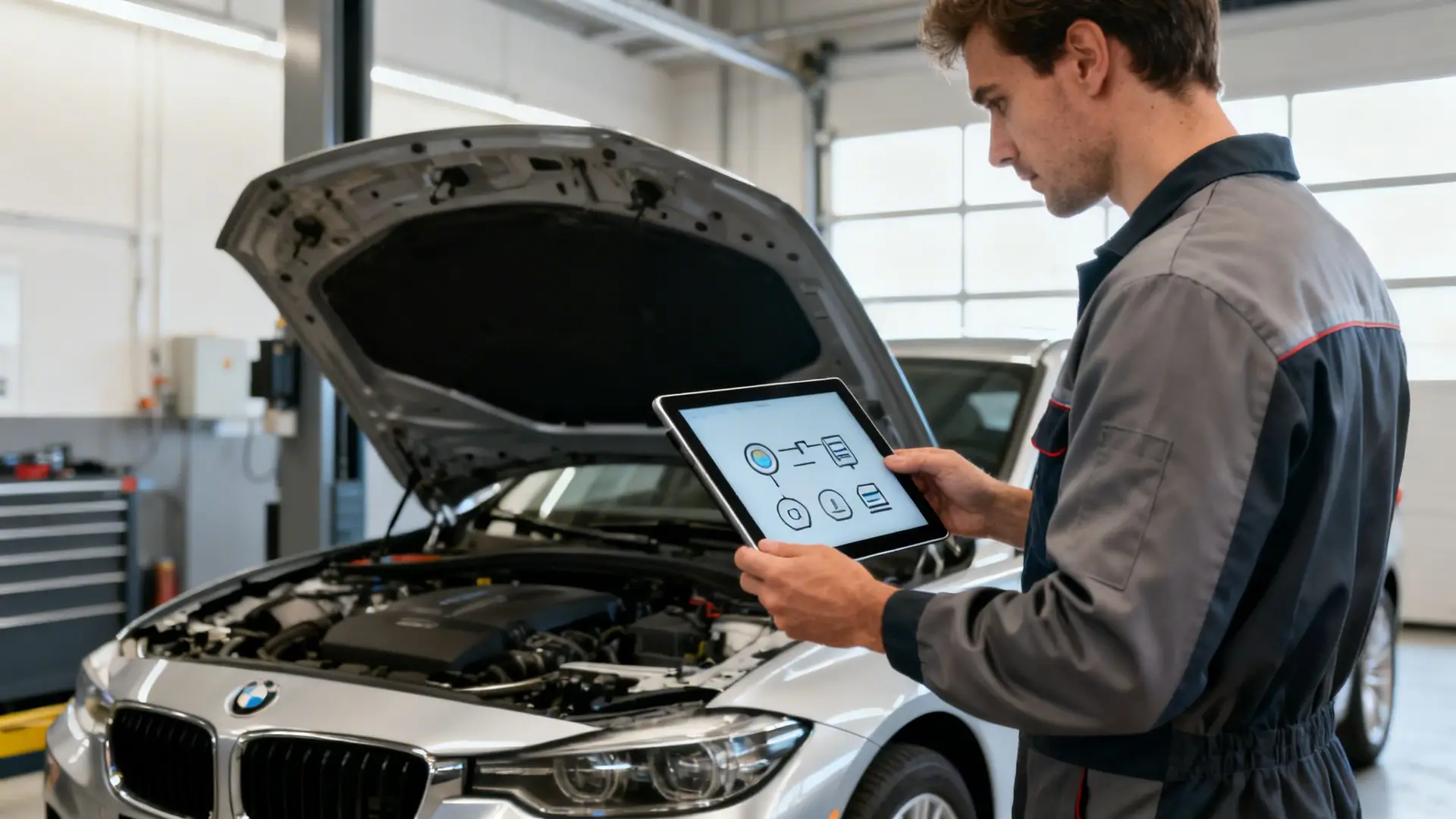 A male mechanic in a gray and blue uniform uses a tablet to diagnose a silver BMW car with its hood open in a garage.
