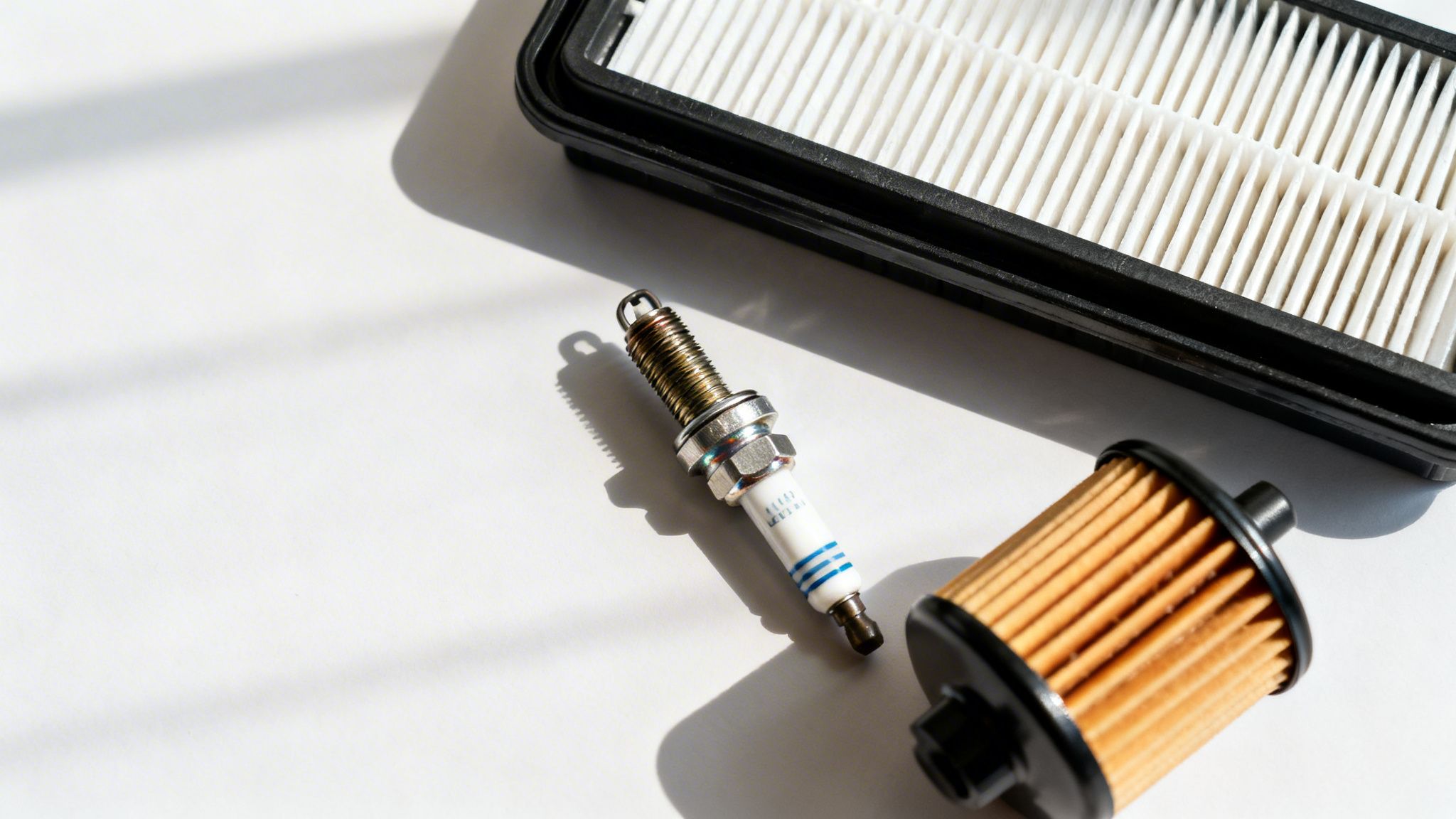 Automotive maintenance parts including an air filter, spark plug, and oil filter on a white background.