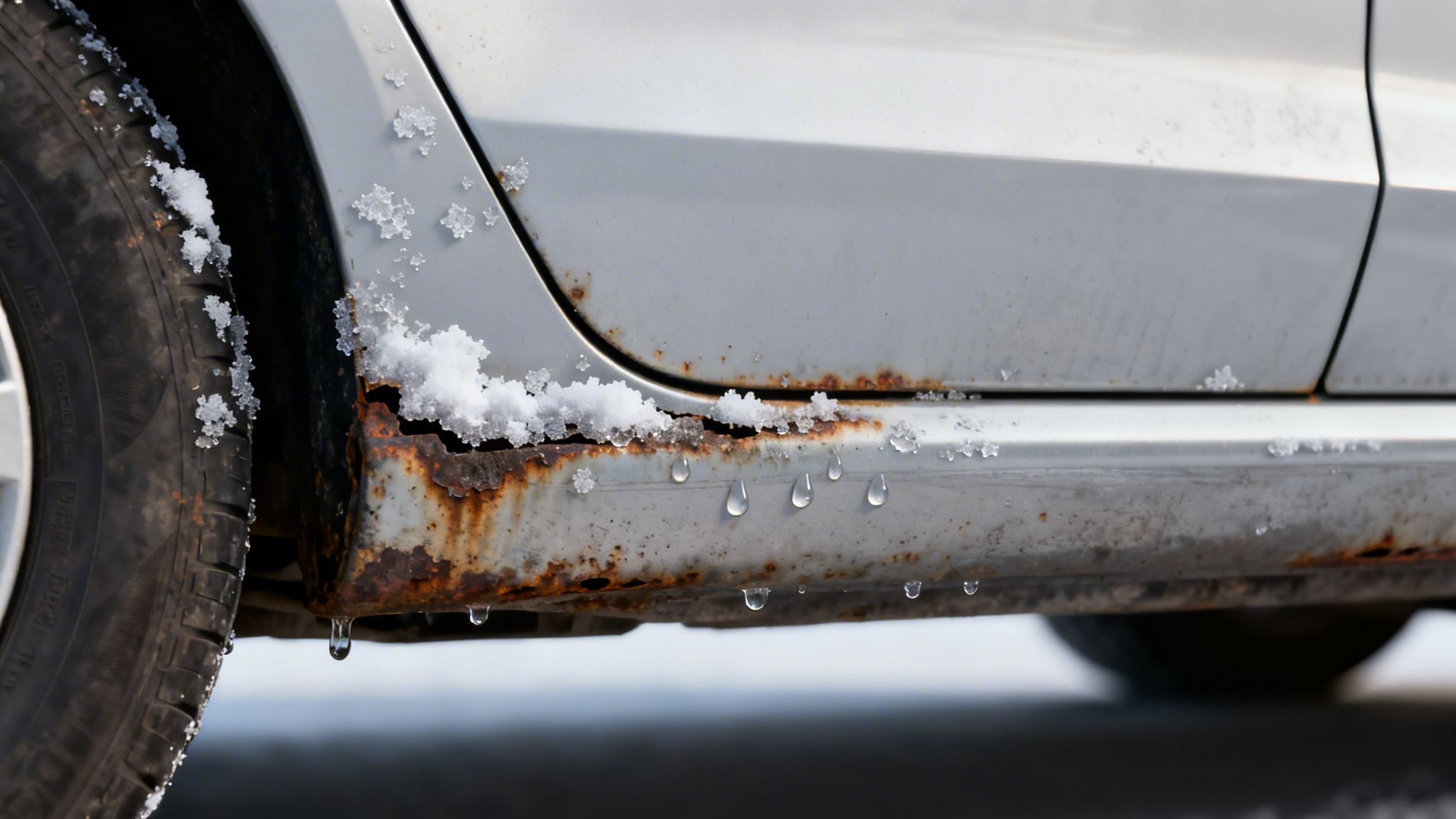 Close-up of a silver car's severely rusted rocker panel with melting snow and ice in freezing weather.