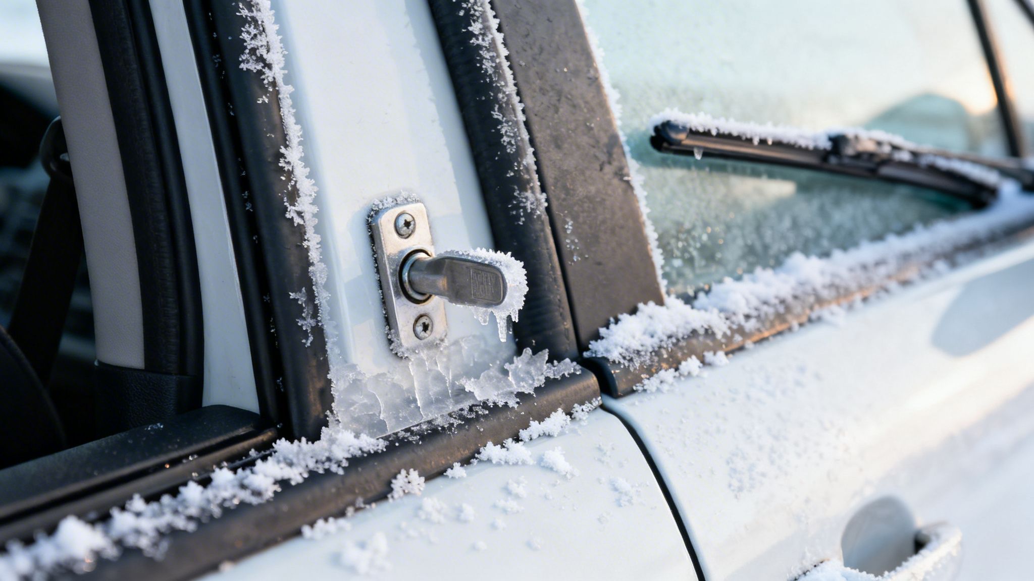 A close-up of a white car door and key in lock, covered in frost and snow.